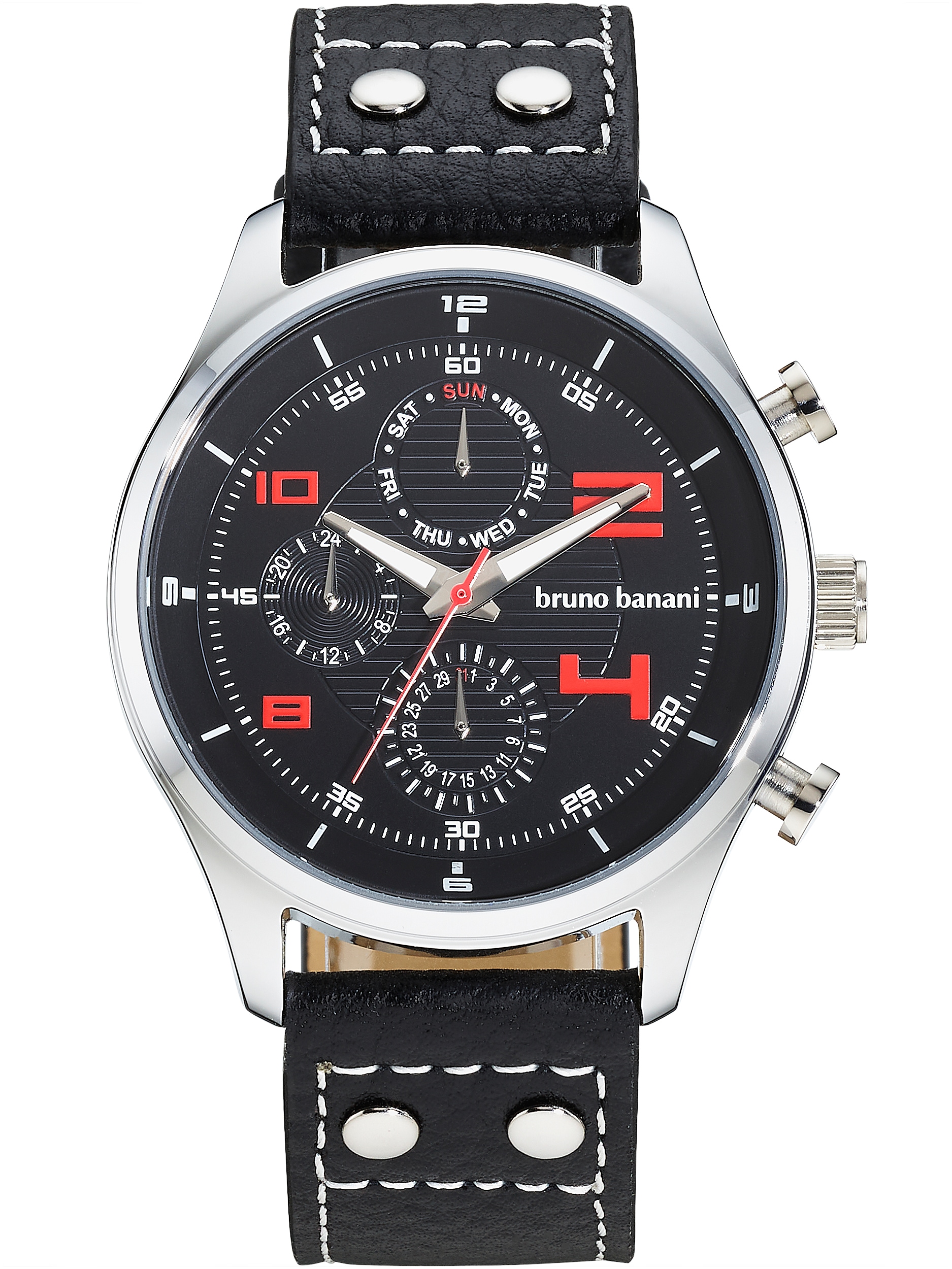 Bruno Banani Multifunktionsuhr »Roadster« Quarzuhr, Armbanduhr, Herrenuhr, Lederarmband, analog, Tag, Wochentag