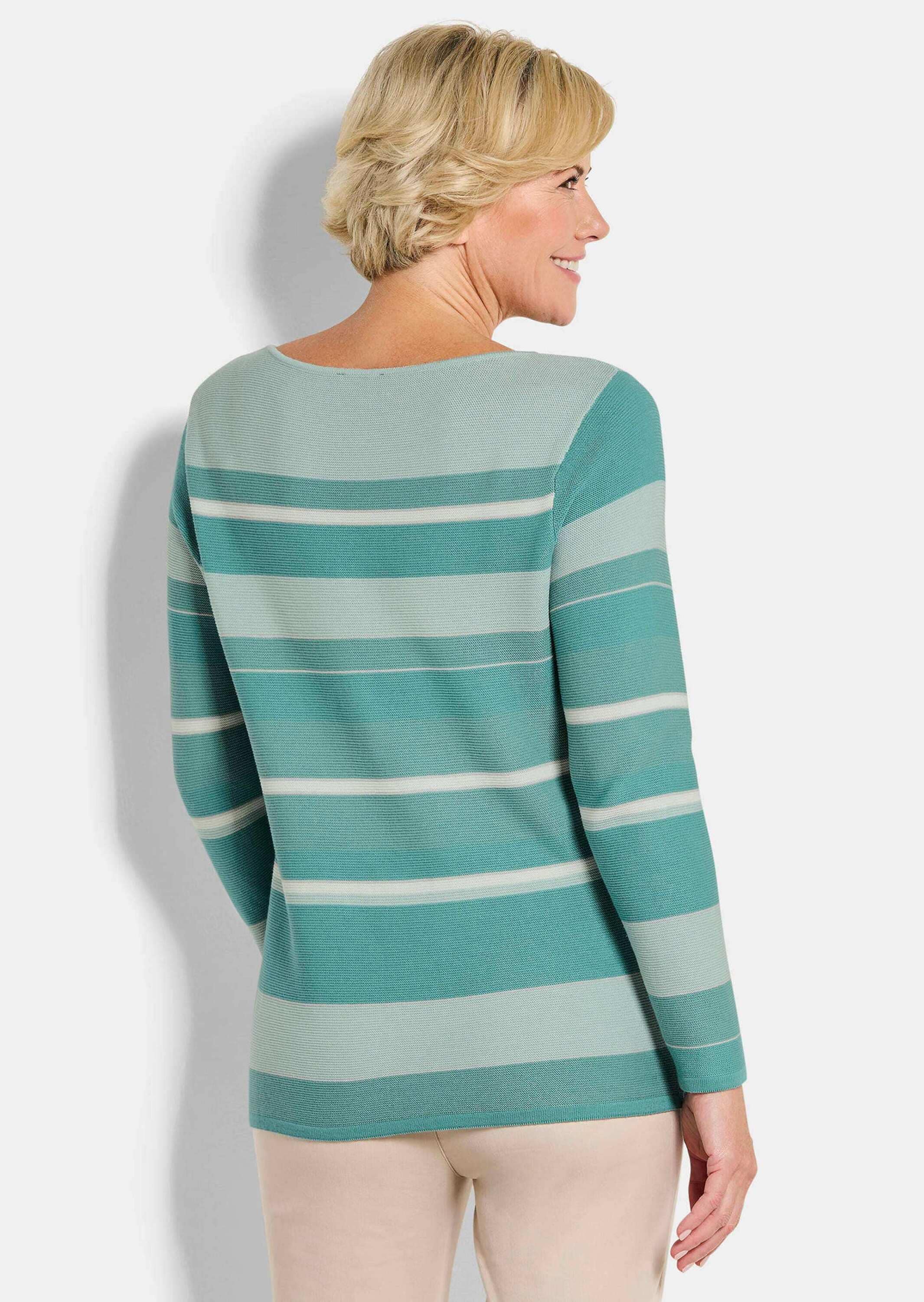 GOLDNER Rundhalspullover »Kurzgröße Strickpullover im Ringel-Look« farbharmonischer Ringelablauf