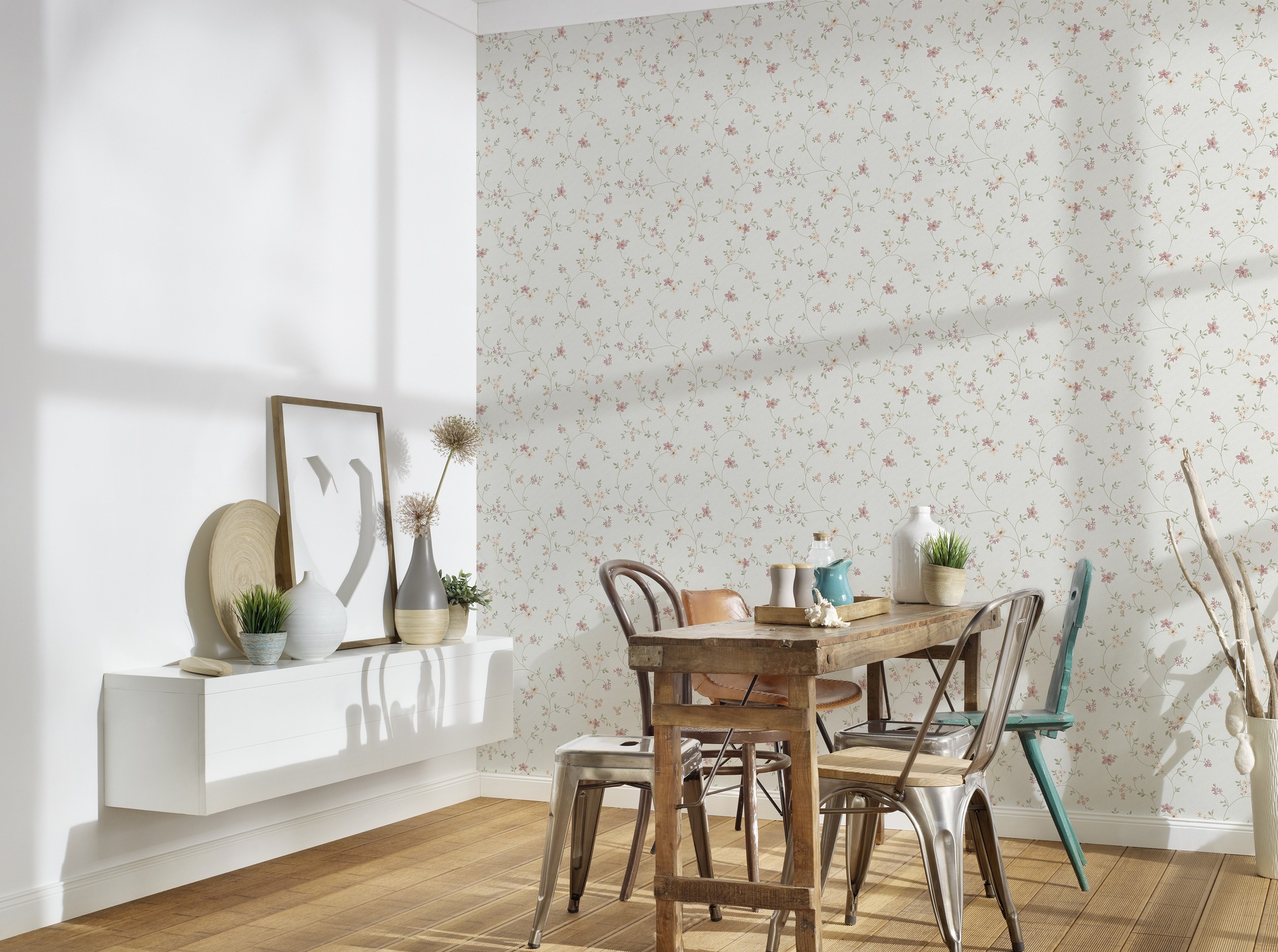 A.S. Création Vliestapete »Maison Charme Vliestapete Blümchen-Muster florale Tapete Creme«, Strukturmuster, Mustertapete floral in Blumen-Optik Weiß Grün Schlafzimmer Küche