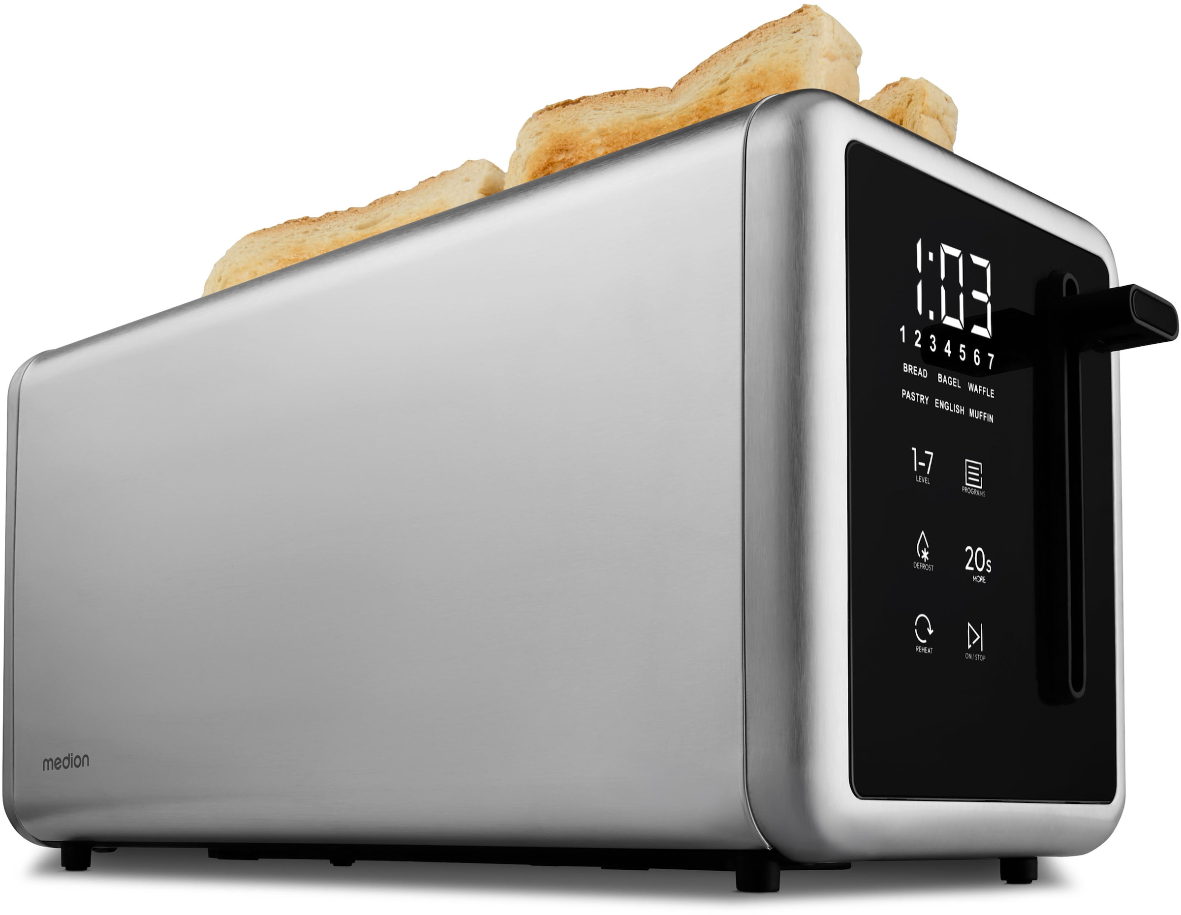 MEDION Toaster "Langschlitztoaster, MD12103, LED Sensor-Touch-Display", B:15,6cm H:18,7cm T:38,4cmedelstahl, Toaster, abnehmbarer Brötchenaufsatz