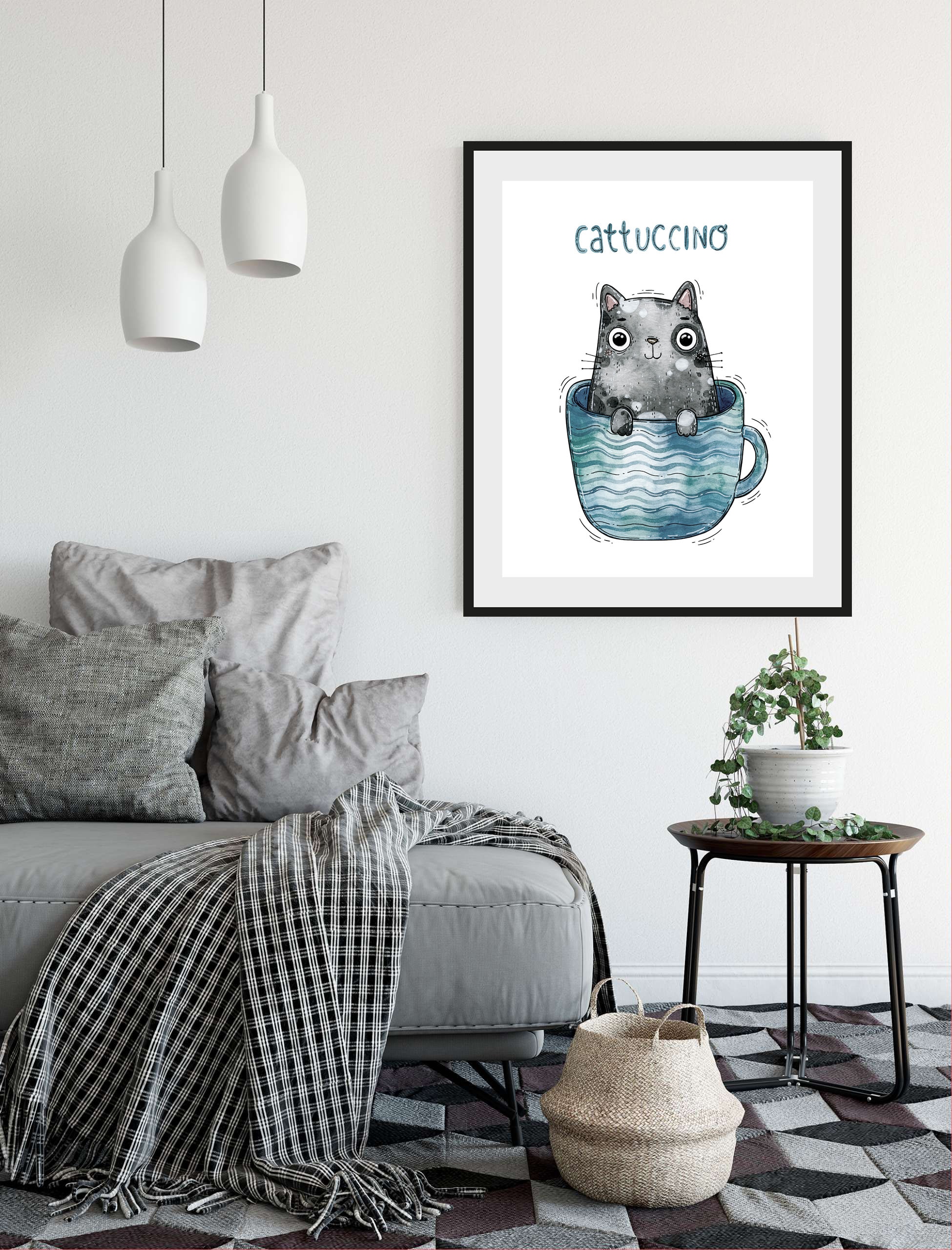 queence Bild "Cattucino" Humor Kaffee Kaffee Bilder Katze Schriftzug 1 Stk. tlg. HD Premium Poster-Druck inkl. Holzrahmen