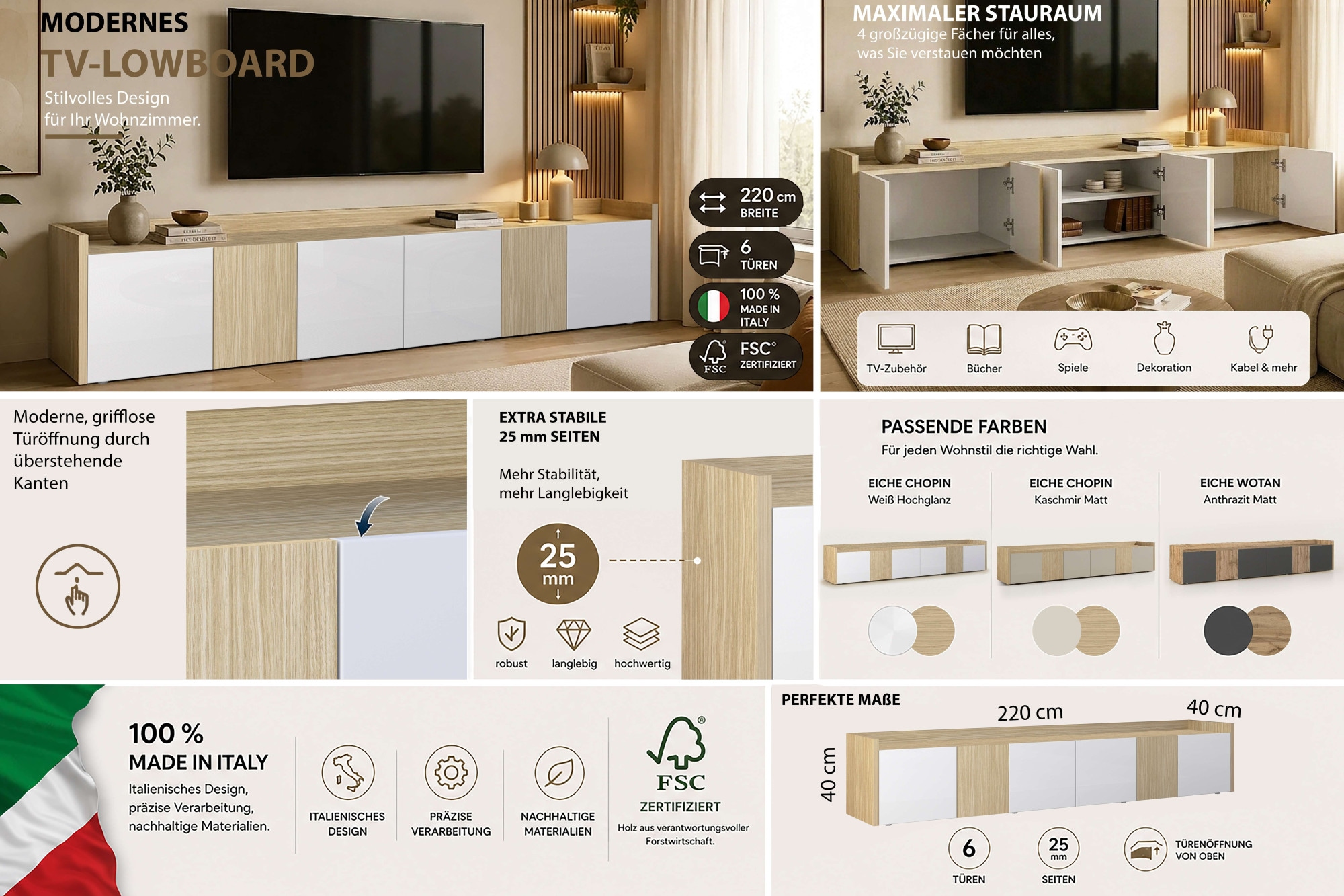 OTTO home Lowboard »Lowboard ALTEA,Lowboard,TV-Kommode,TV-Möbel,TV-Bank« 1 Stk. tlg. Mit 6 Drehtüren, 4 Innenfächer, B.220 cm