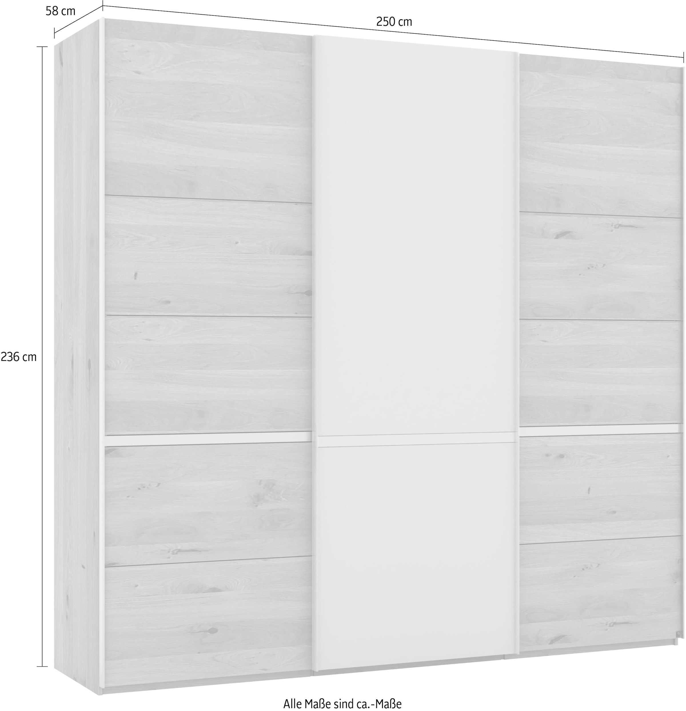 Musterring Schwebetürenschrank »Savona, Kleiderschrank, Schrank, Garderobe, mit Schiebetüren«, (Teilmassiv Bianco-Eiche, mit Spiegel oder Glas, MADE IN GERMANY), Türen Bianco-Eiche massiv, Spiegel-/Glastüren, eingelegte Chromleiste