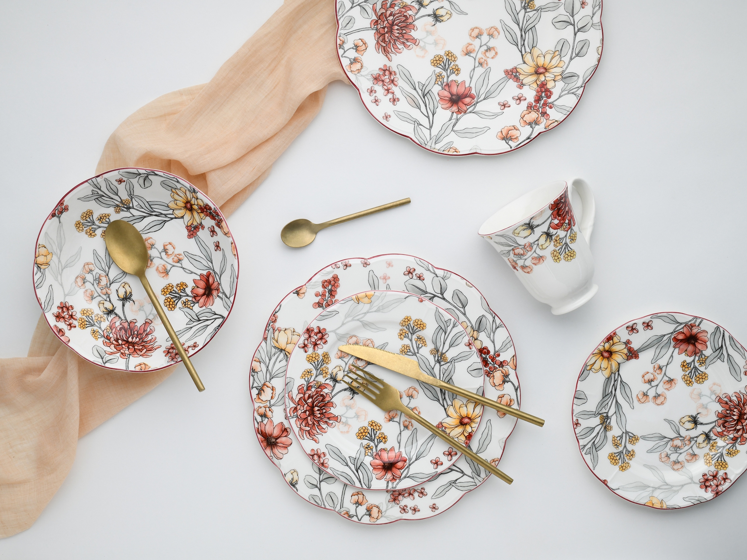 CreaTable Kombiservice »Fiore, Kombi-Service 16-tlg«, (Set, 16 tlg.), Blütendekor, Blätterdekor
