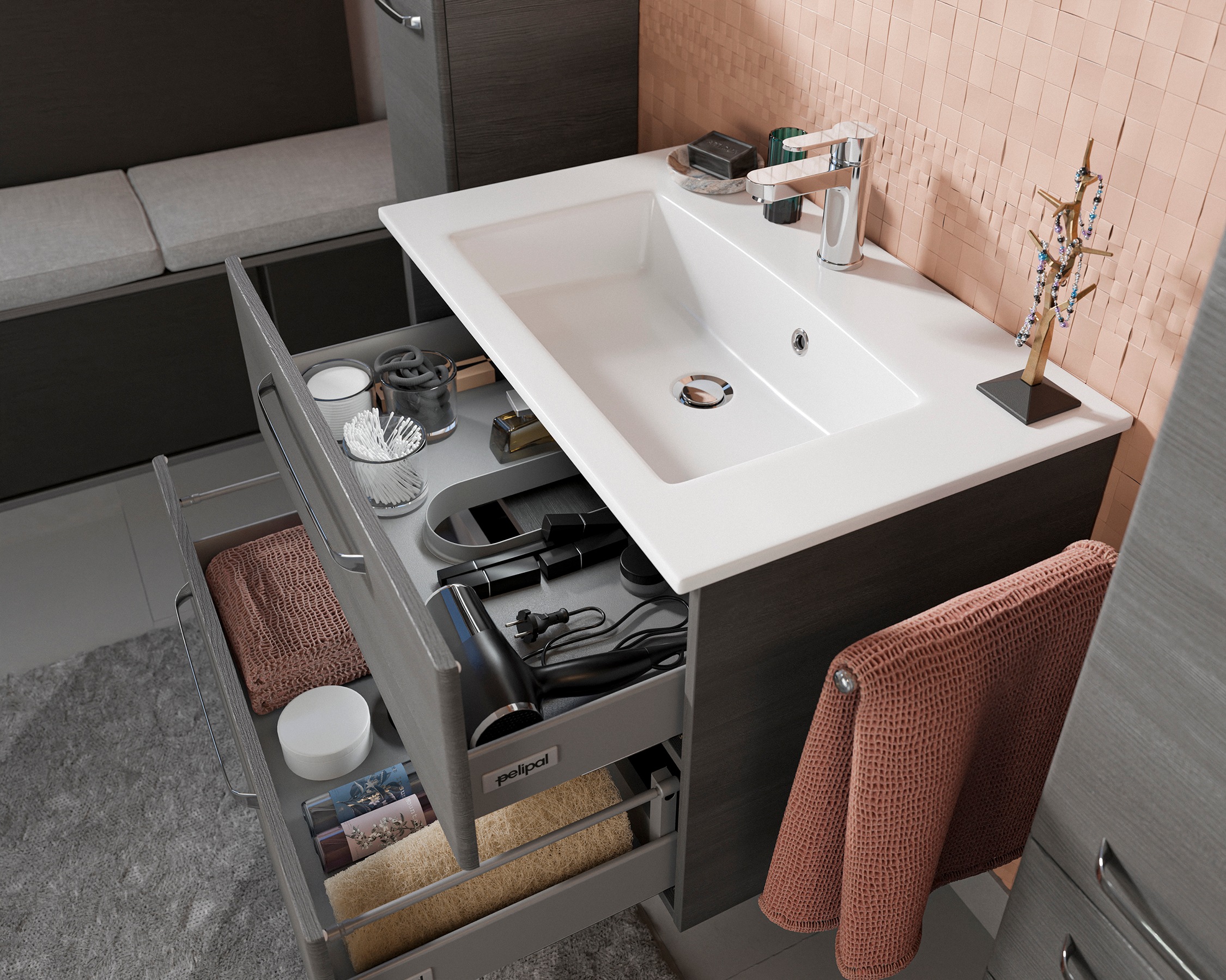 Saphir Badmöbel-Set »Badmöbel-Set Trentino 4-tlg Mineralmarmorwaschtisch,LED-Spiegelschrank«, (5 St.), Badezimmer-Set mit Midischrank und Unterschrank inkl. Türdämpfer