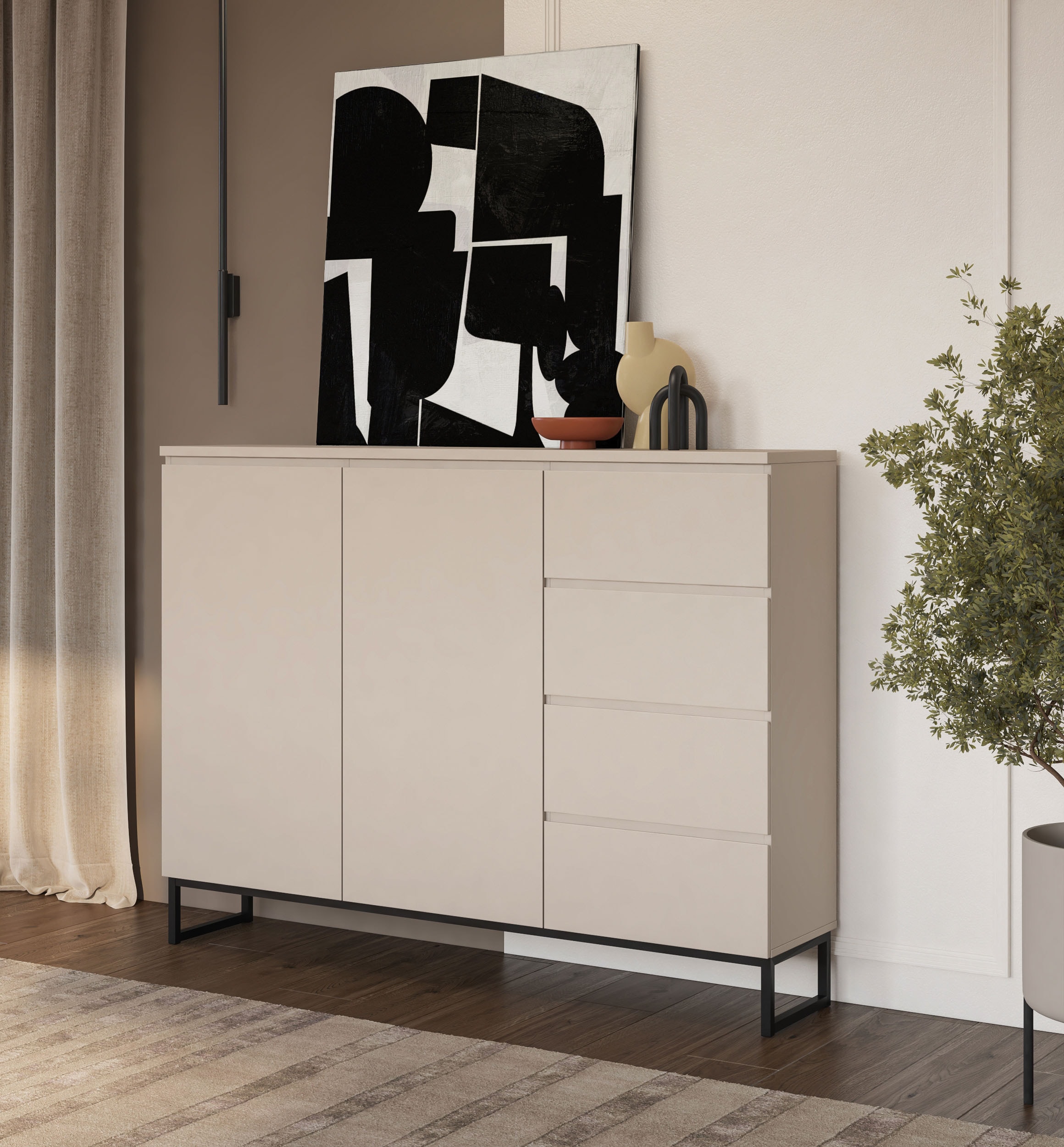 OTTO home Sideboard »Modo II, Breite 150 cm, moderne grifflose Kommode 2Türen/4 SK« Schubladenschrank viel Stauraum, Einlegeböden verstellbar, Metallkufen