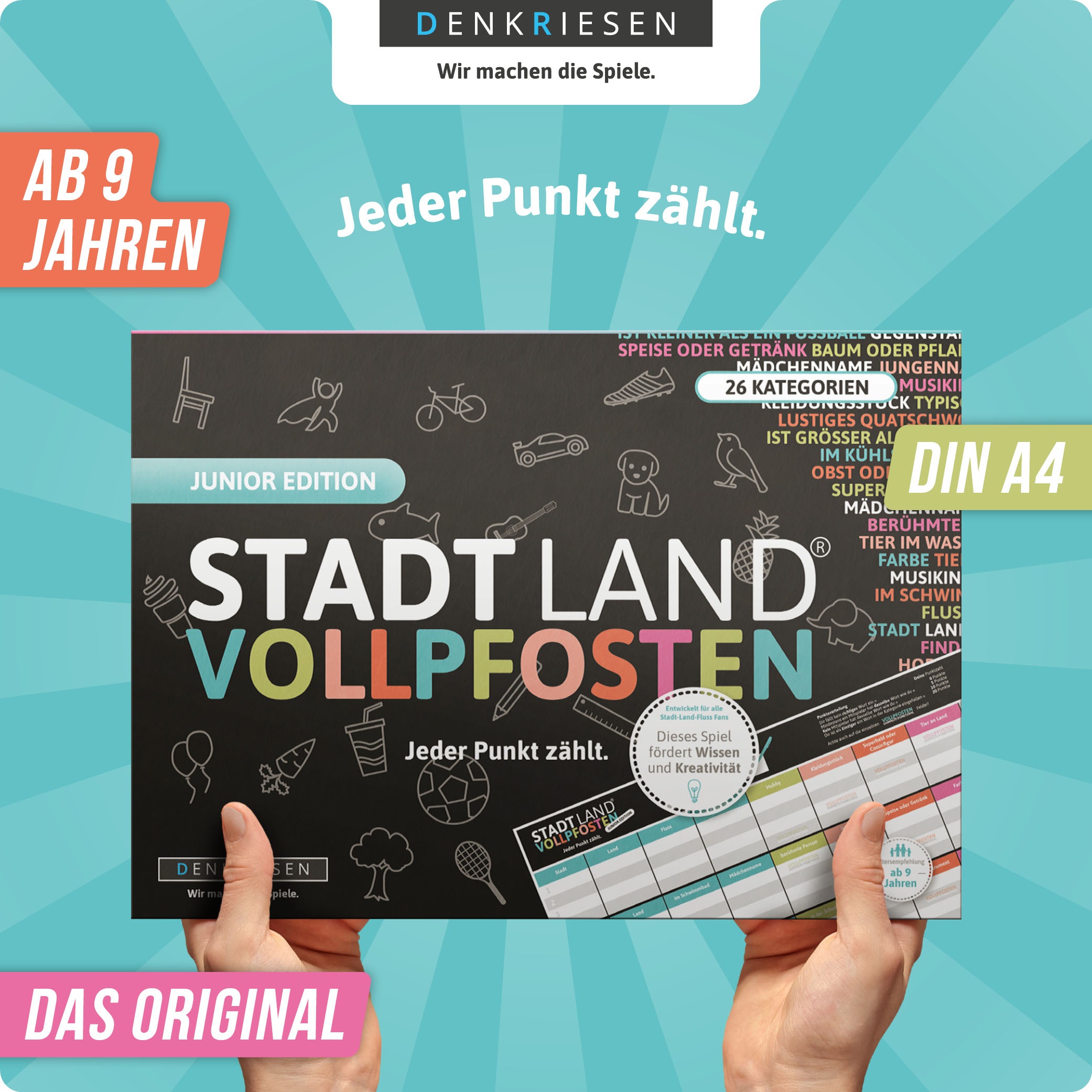 Denkriesen Spiel »Stadt Land Vollpfosten, Junior Edition A4 Block«, Made in Germany