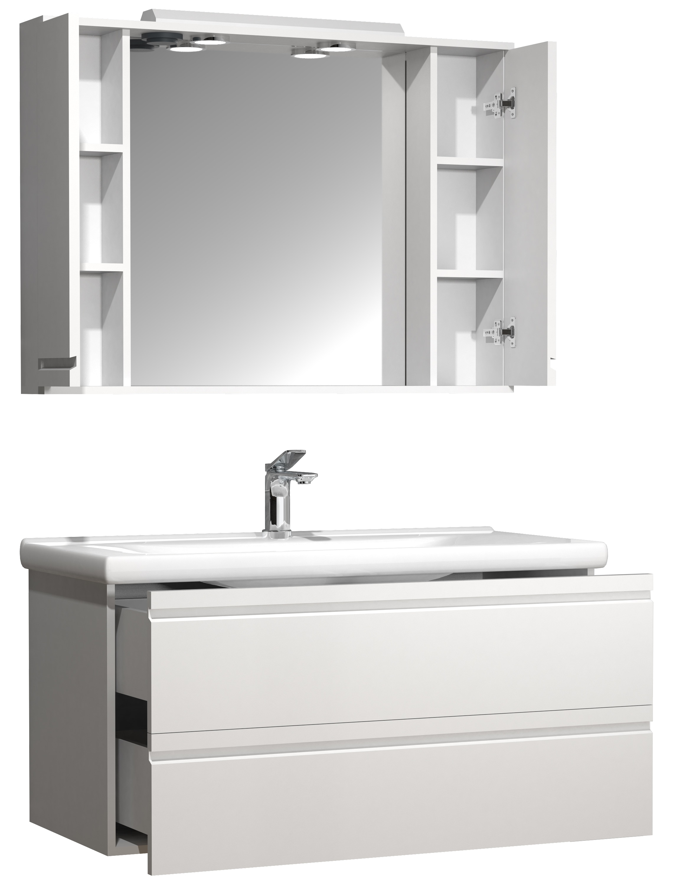VCM Waschbeckenunterschrank »VCM 3-tlg. Waschplatz Waschtisch 100 cm Badmöbel Set Waschbecken grifflose Schublade Spiegelschrank Silora XL«, (3 St.)