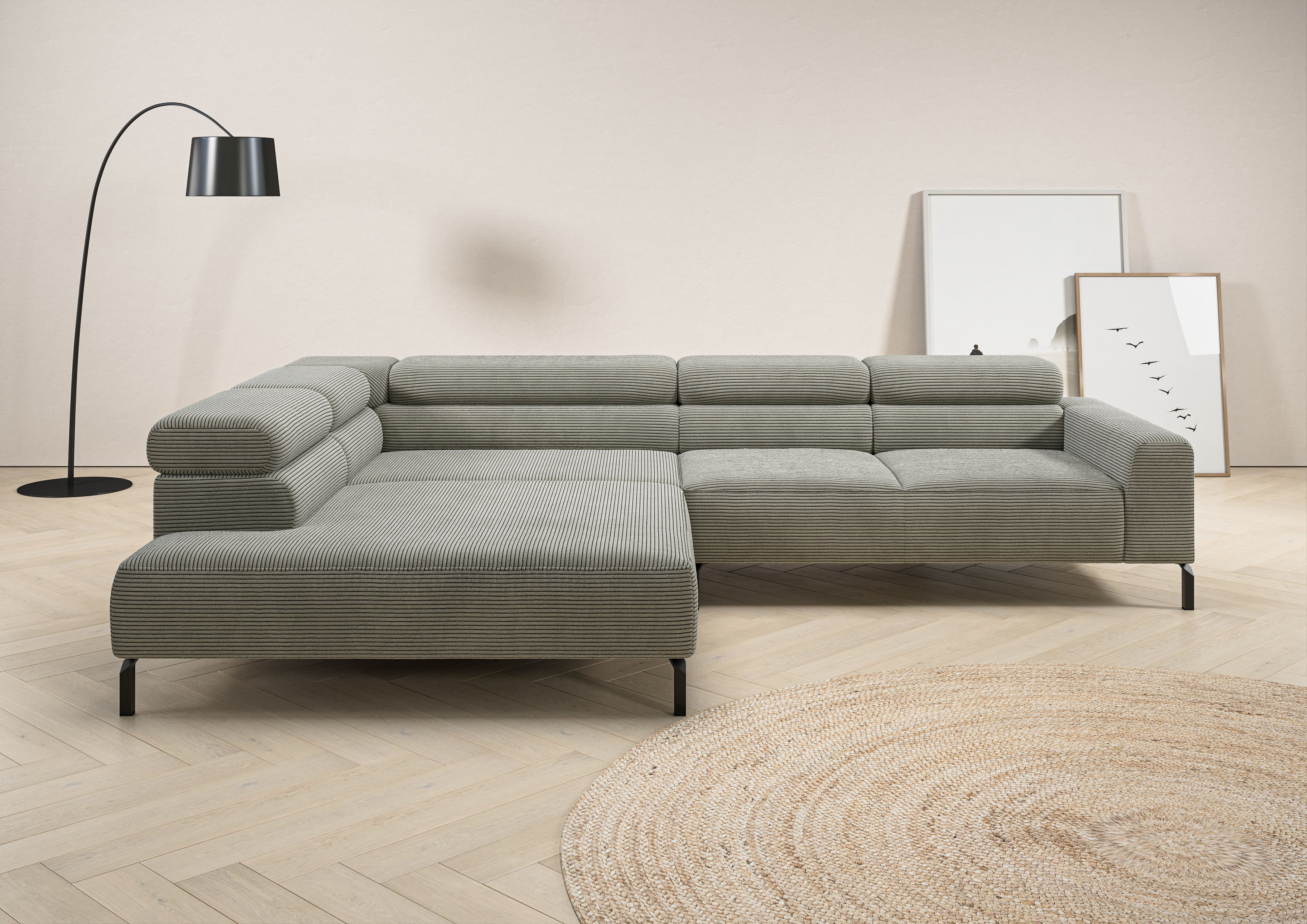 Home affaire Ecksofa "Antonelli, L-Form, incl. Kopfteilverstellung, Breite 312 cm" mit elektrischer Sitztiefenverstellung, in Cord, stone