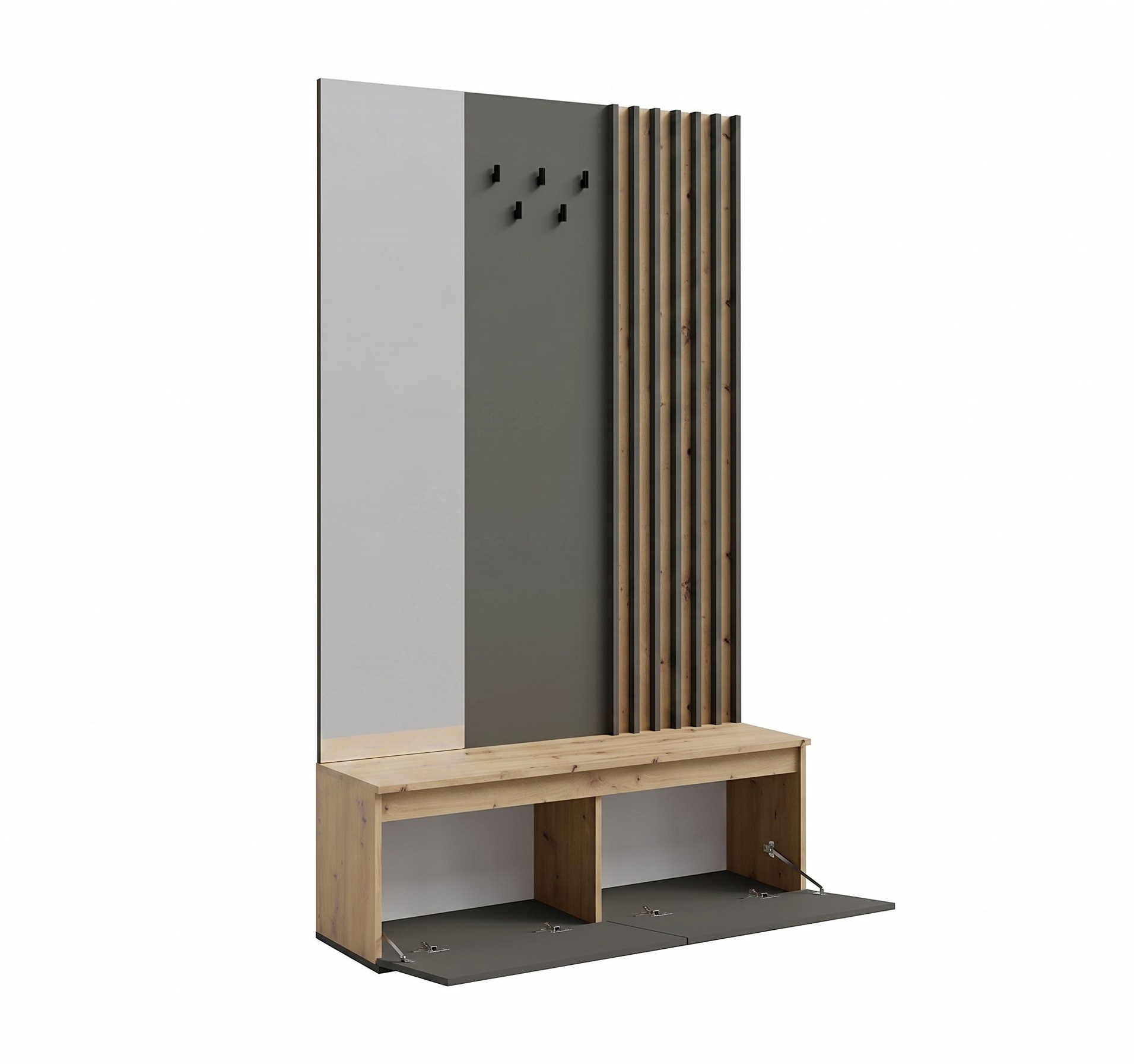 Home affaire Garderobenpaneel »LANDUVA Garderobe mit Schuhschrank, Spiegel und Haken, Breite 120 cm« Garderoben-Set, Kompaktgarderobe, mit Sitzbank, Lamellen Design