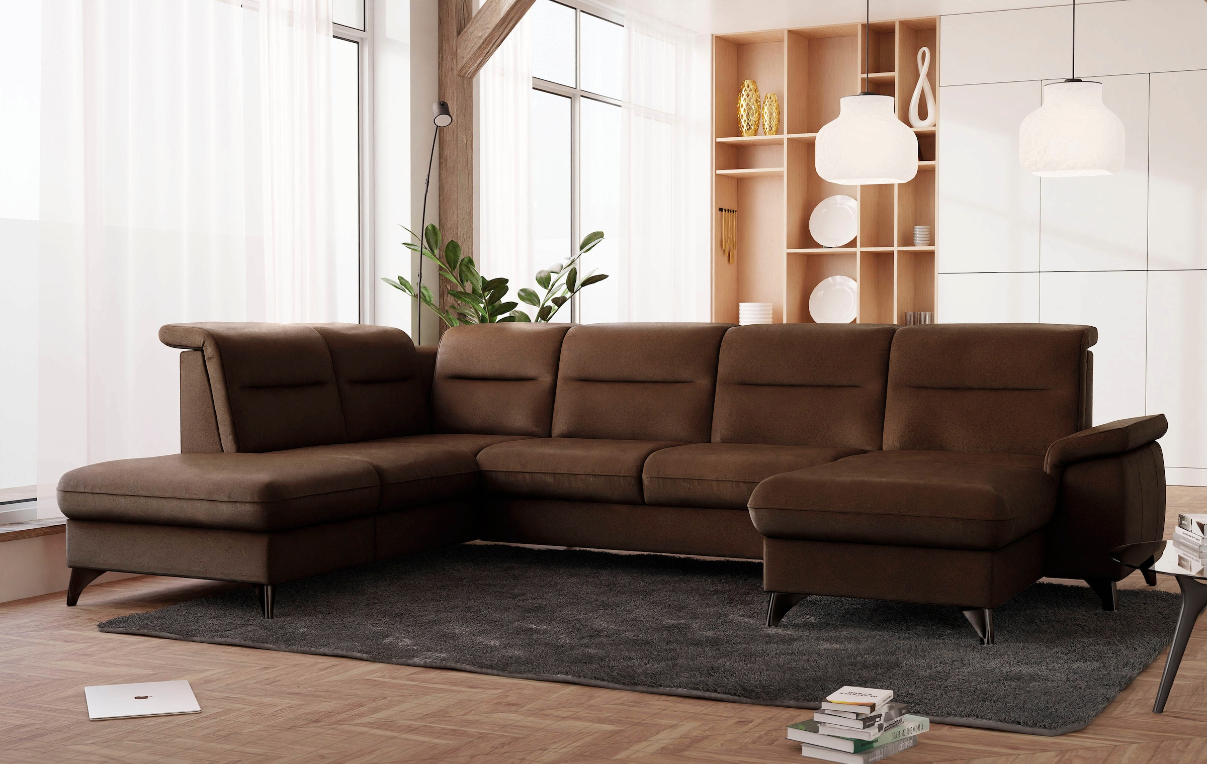 Wohnlandschaft SIT & MORE "Astoria U-Form", braun (dunkelbraun), B:329cm H:91cm T:225cm, 100% Polyester, Sofas, Wohnlandschaft, wahlweise mit motorischer Relaxfunktion 7