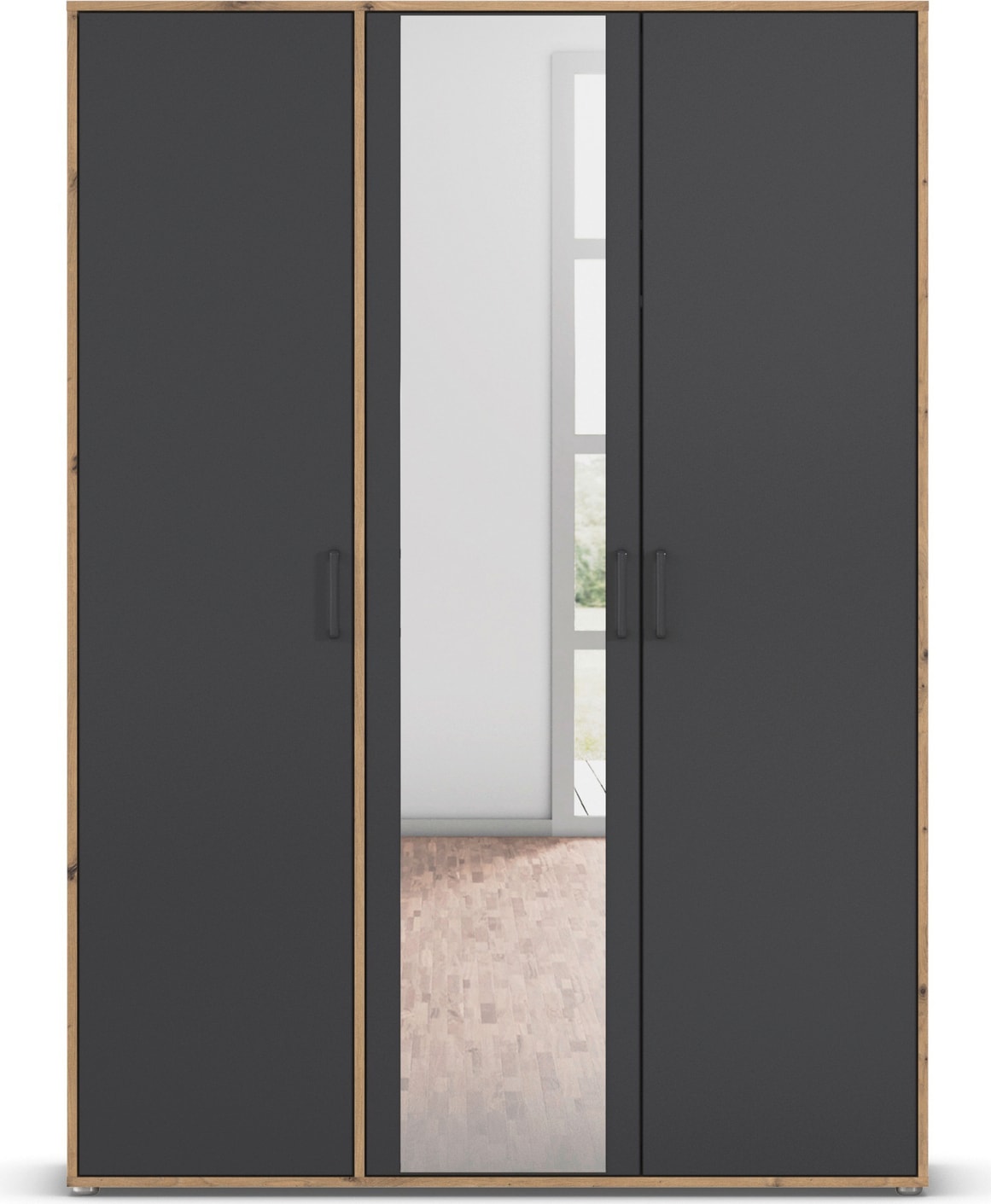 rauch Drehtürenschrank »Kleiderschrank Schrank Garderobe Wäscheschrank VOYAGER«, (in 3 verschiedenen Ausstattungen BASIC/CLASSIC/PREMIUM), mit modernen Griffen in Graumetallic und Spiegel
