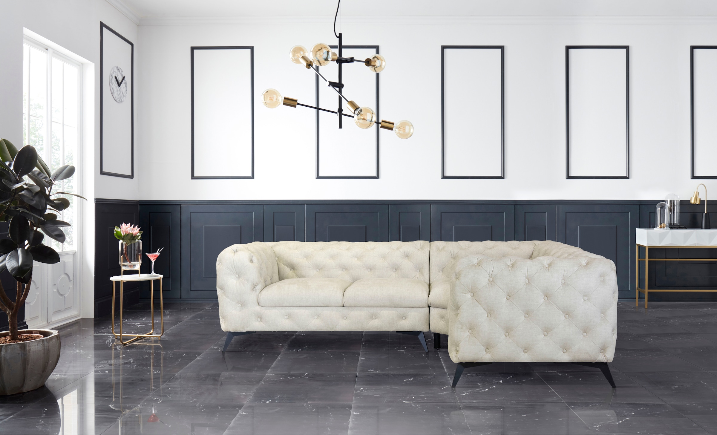 Leonique Chesterfield-Sofa »Ecksofa GLYNIS L-Form mit Wellenunterfederung, Maße B/T/H 264/204/75cm«, aufwändige Knopfheftung, moderne Chesterfield Optik, Fußfarbe wählbar