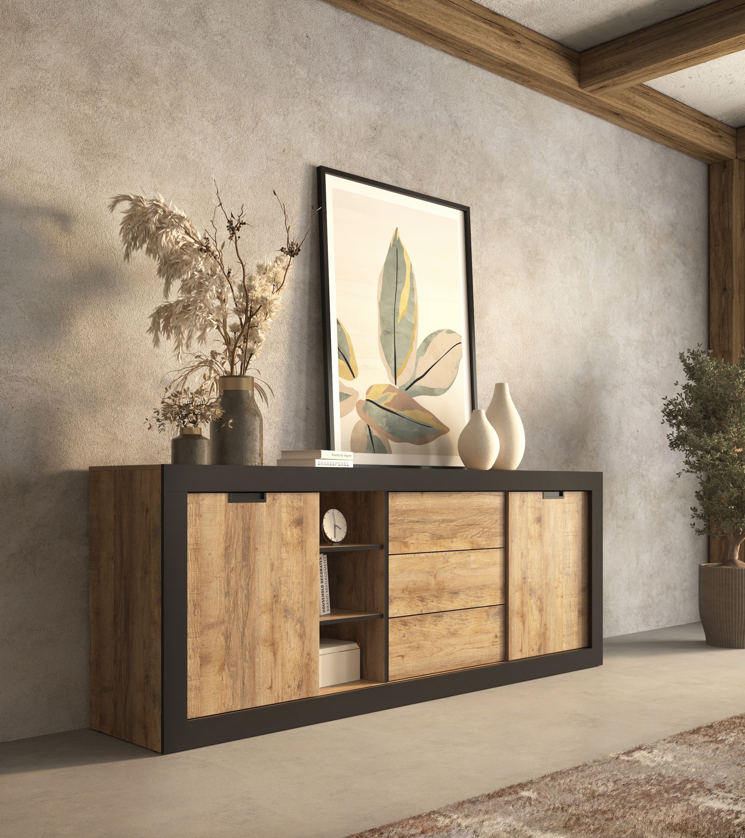 INOSIGN Sideboard »Tudor, Breite 220 cm Aufbewahrungsschrank 2 Schiebetüren/3 Schubkästen«, Anrichte, Kommode Landhausstil viel Stauraum, Einlegeböden verstellbar