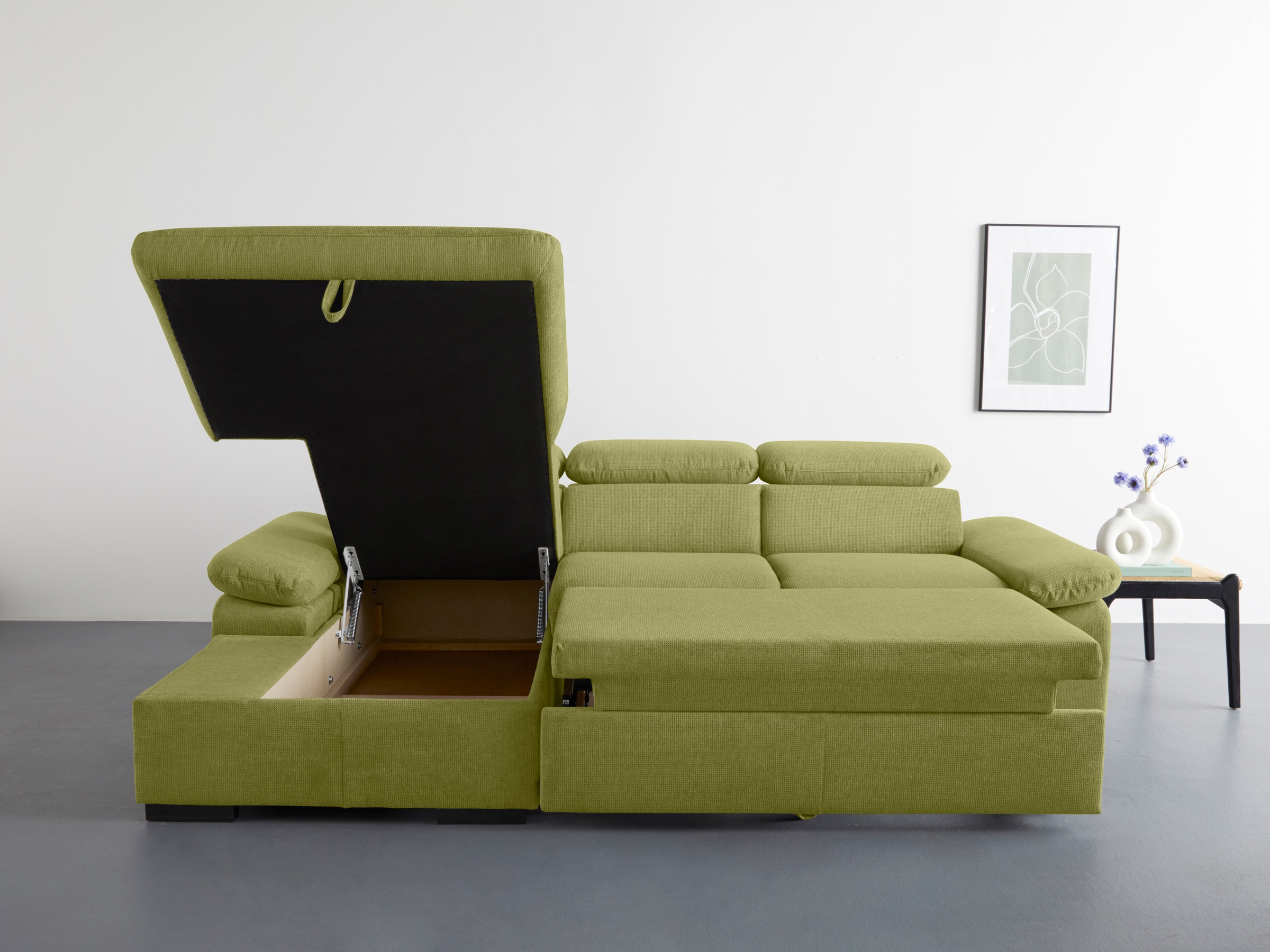 COTTA Ecksofa »Lola L-Form mit Kopfteilfunktion & Hocker«, (Set, mit Hocker), wahlweise mit Bettfunktion, Bettkasten & Armteilverstellung