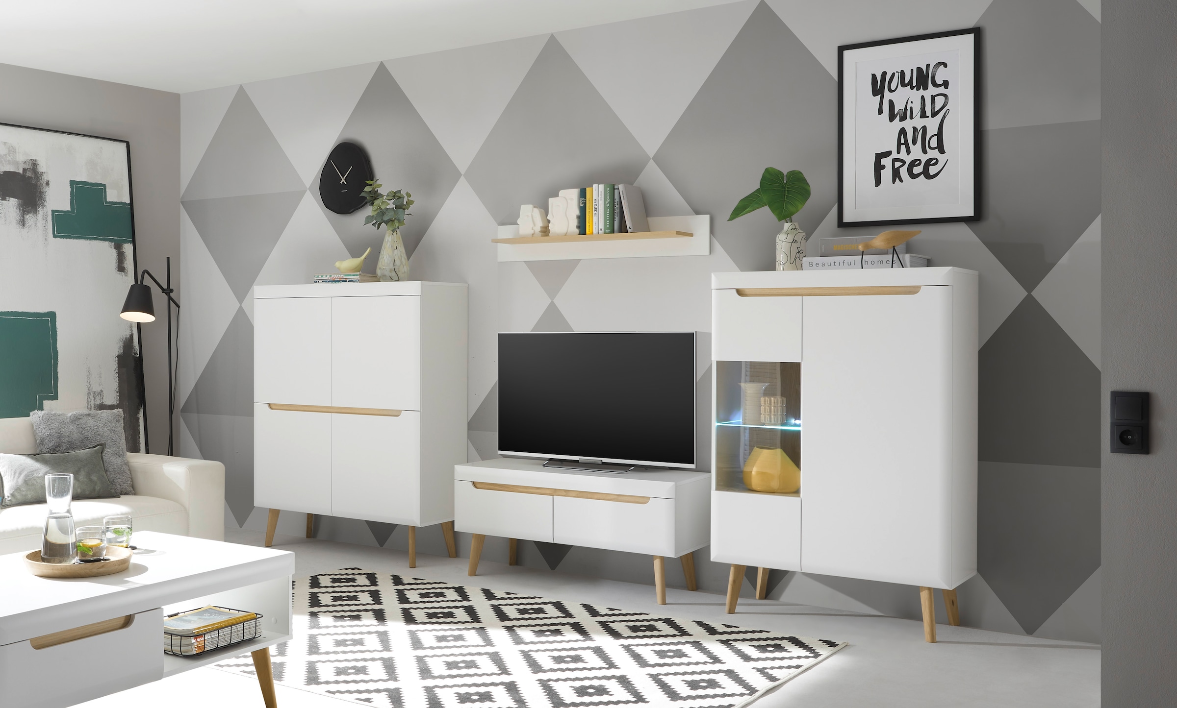 INOSIGN Highboard »Torge, Kommode, Schrank, Sideboard, Anrichte, Mehrzweckschrank«, (1 St.), abgeschrägte Füße, drei Farben, Scandi Design, 107 cm breit