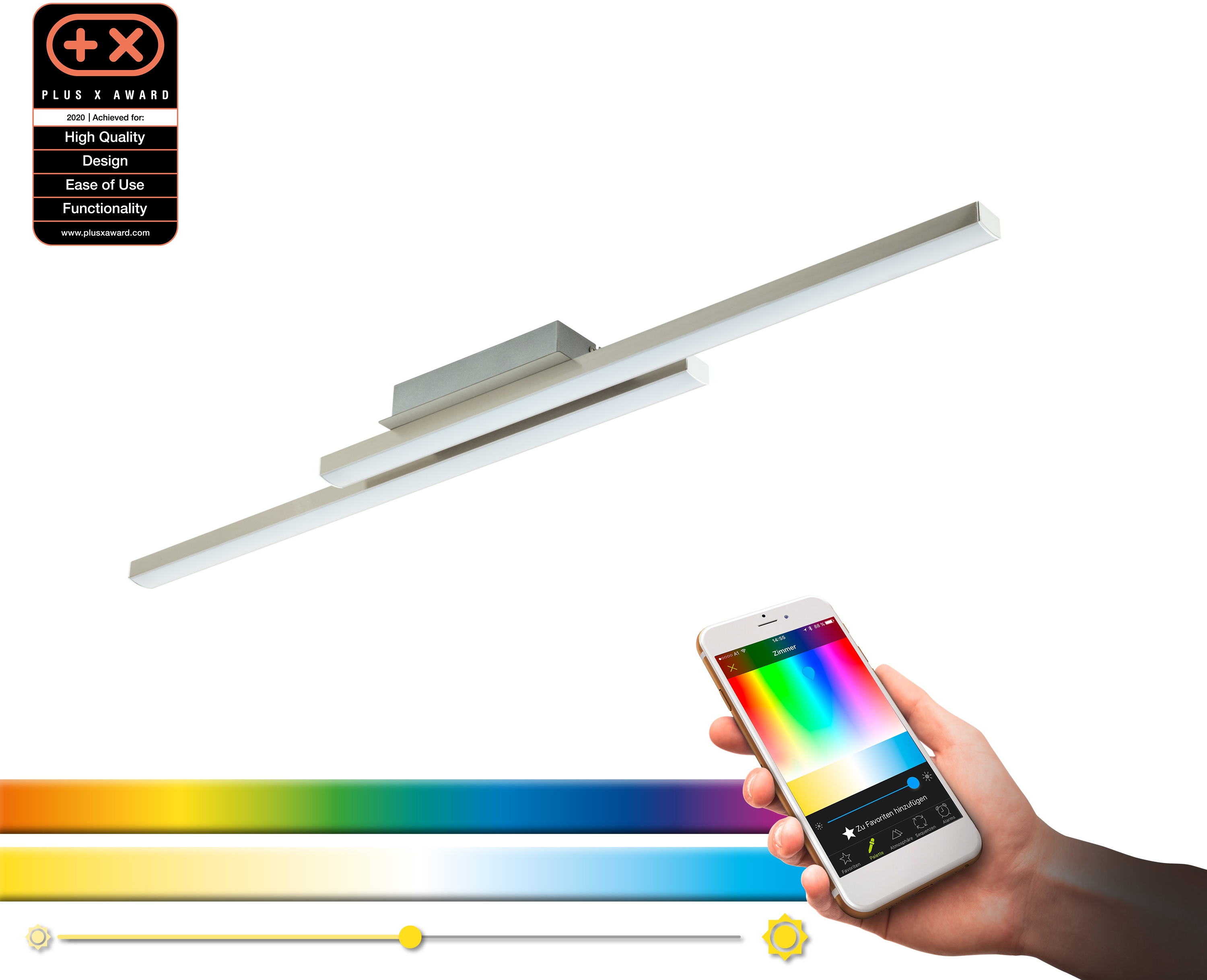 EGLO Deckenleuchte FRAIOLI-C, LED-Board, nickel matt / L105,5 x H6,5 x B12 cm / inkl. 2 x LED-Platine (je 17W, 2300lm, 2700-6500K) / Eglo Connect - App - CCT Farbtemperatursteuerung - dimmbar - RGB Farbwechsel - Fernbedienung - Deckenlampe