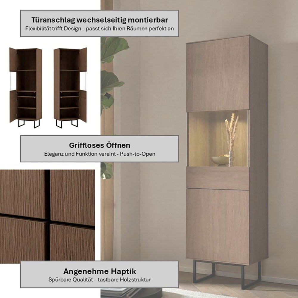 Home affaire Vitrine »Lund, moderner Hochschrank, Glasvitrine mit Kufengestell aus Metall« optisch dünner Oberboden, hochwertige Optik, ausreichend Stauraum