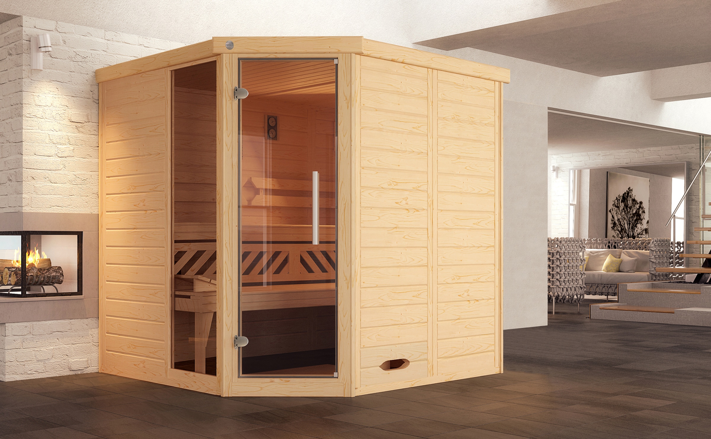 weka Sauna »Design-Sauna KEMI Eck 1«, naturbelassenes Fichtenholz, Fensterelement, moderne Glastür