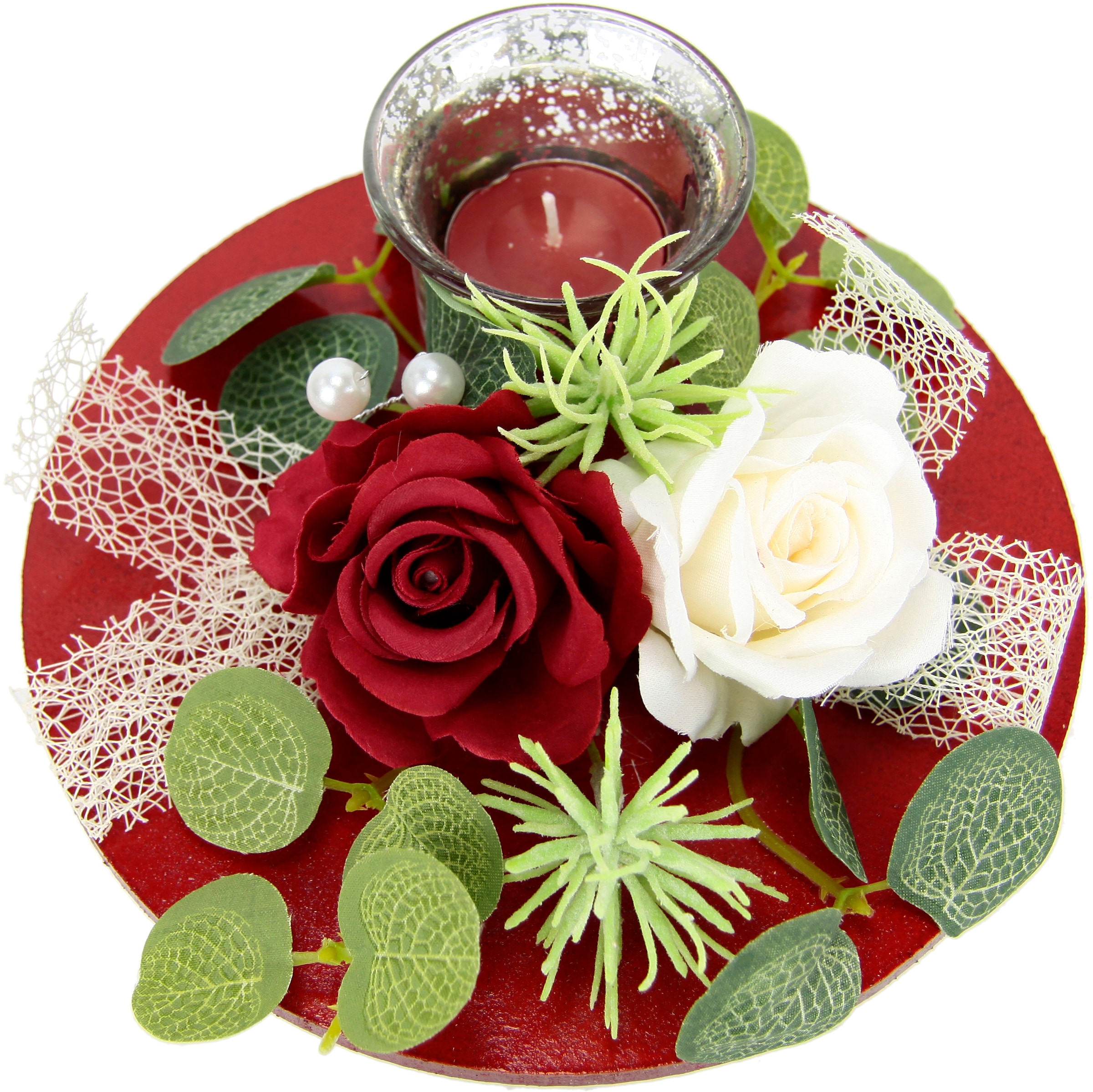 I.GE.A. Teelichthalter »Mit Glaseinsatz und Teelichtkerze, künstlichen Rosen Eukalyptus«, (1 St.), Kerzenständer Kerzenhalter Tischdeko Kerzen Muttertag Valentinstag