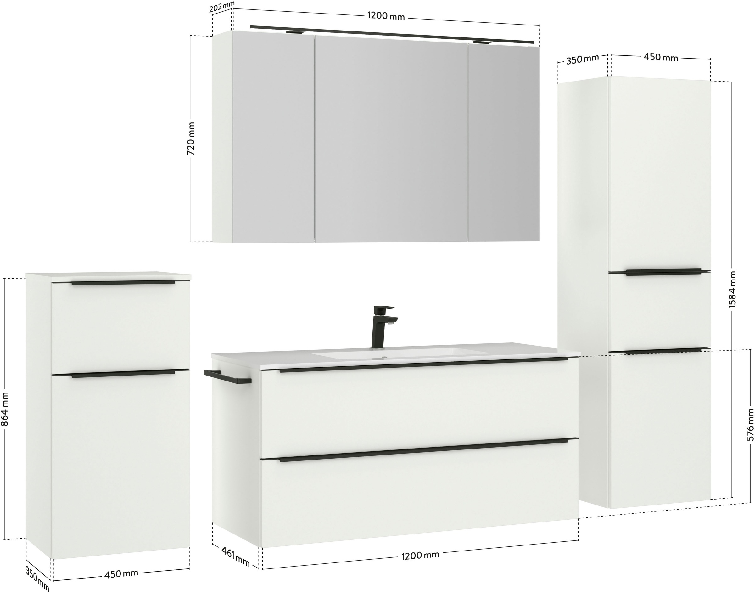 nobilia® Badmöbel-Set »Levere«, (4 St., vormontiert, mit Soft-Close), inkl. Spiegelschrank mit Beleuchtung und Dimmerfunktion, in 4 Breiten