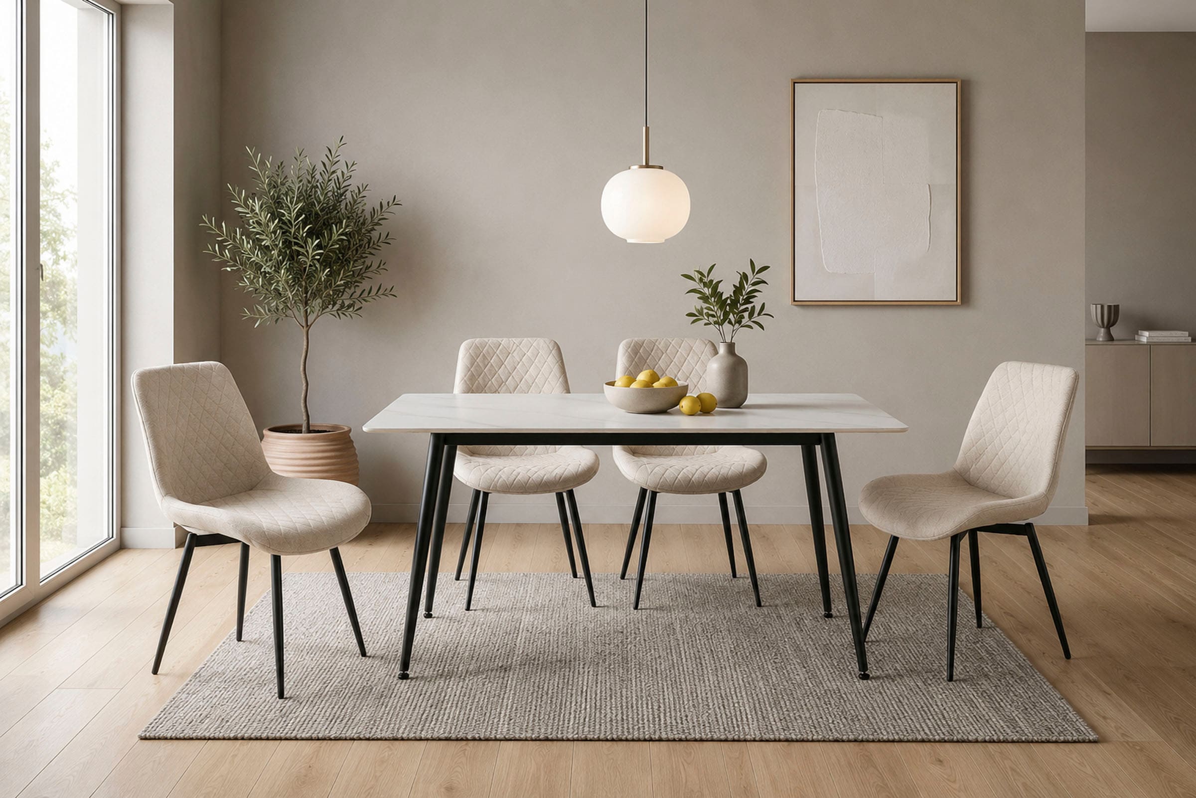 OTTO home "Juniper, Set, 5-tlg." Set, 5 tlg. Tisch 140x80cm in Sinterstein-Keramikoptik mit 4 Stühlen, 360 drehbar