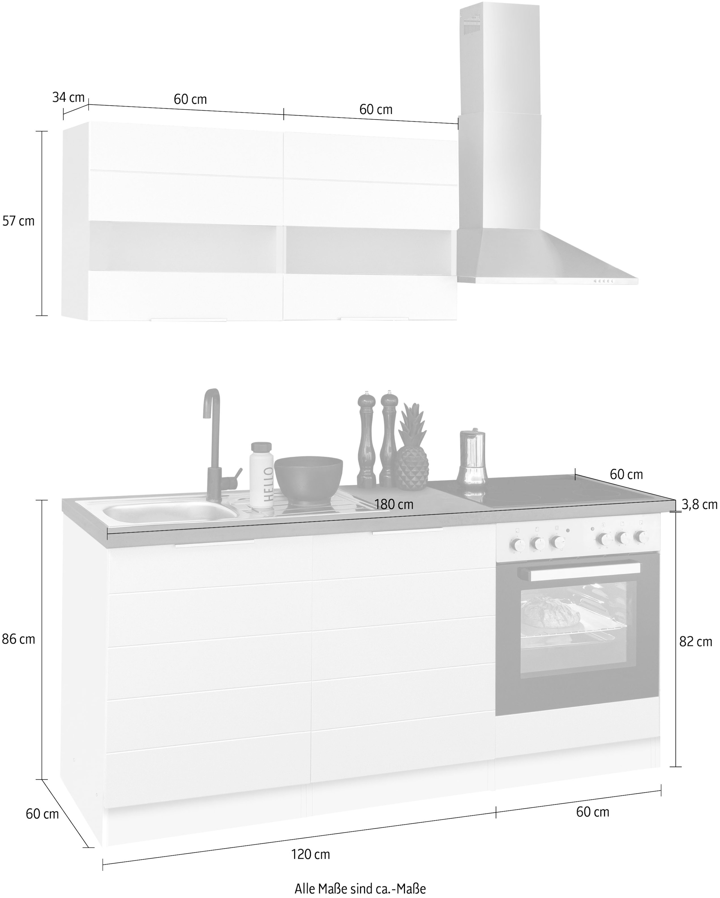 KOCHSTATION Küchenzeile »KS-Luhe« 180 cm breit, wahlweise mit oder ohne E-Geräten, gefräste MDF-Fronten