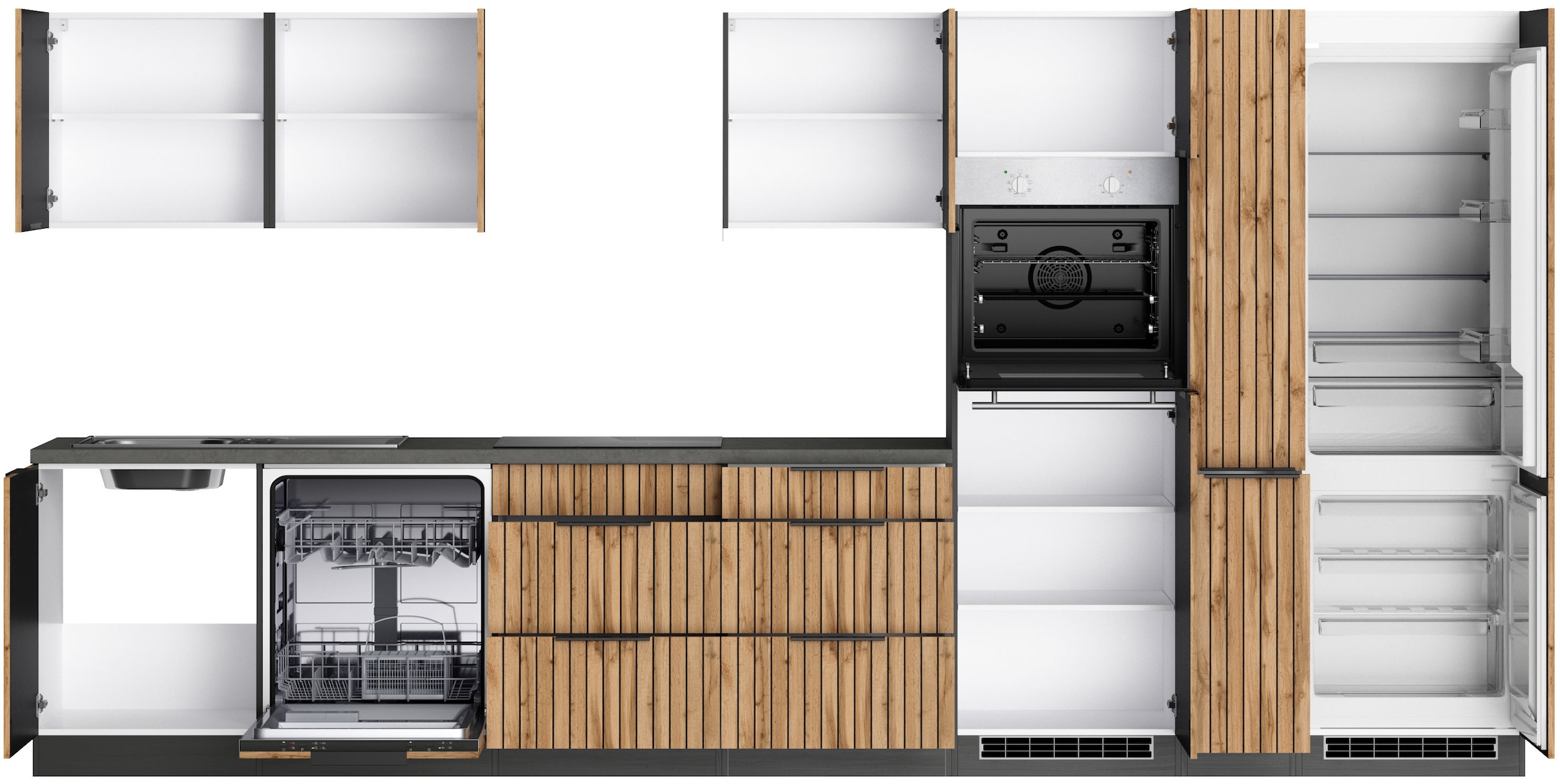 KOCHSTATION Küchenzeile »KS-Lagos, Breite 390 cm, wahlweise mit E-Geräten« Ceran-oder Induktionskochfeld, Spüle edelstahl oder schwarz