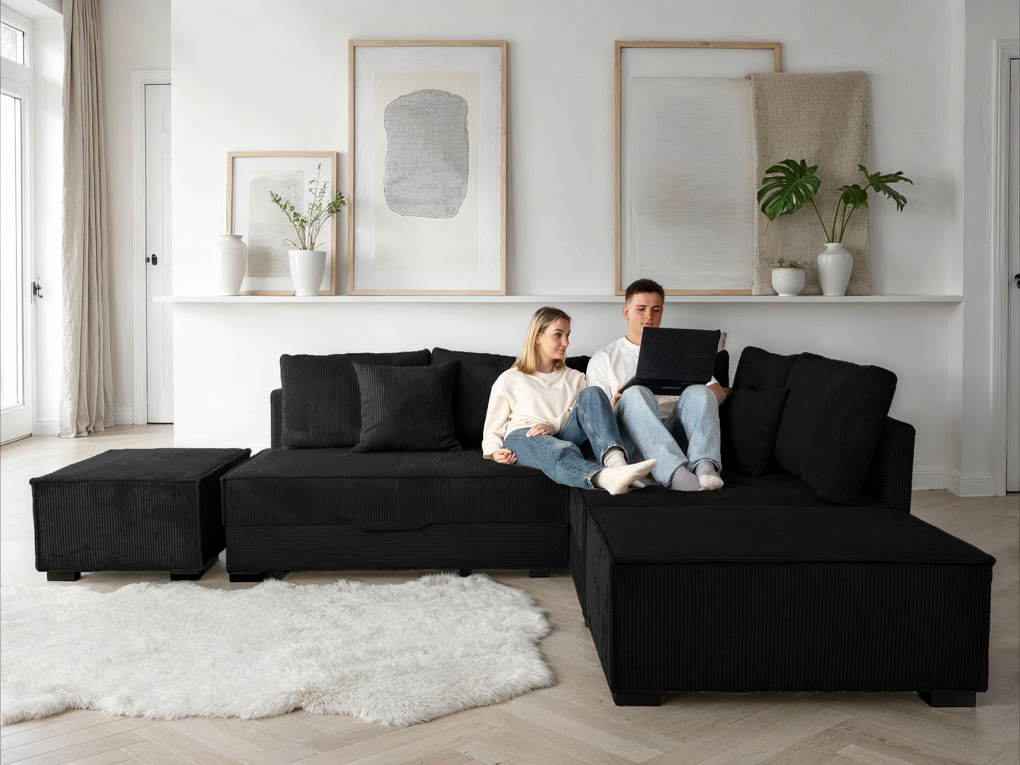 Home affaire "Night & Day L-Form, B: 316 cm mit Dauer-Schlaffunktion 180x200 cm" Set: Sofa & Hocker, Schlaffunktion, Bettkasten & Kissen, Boxspringbett