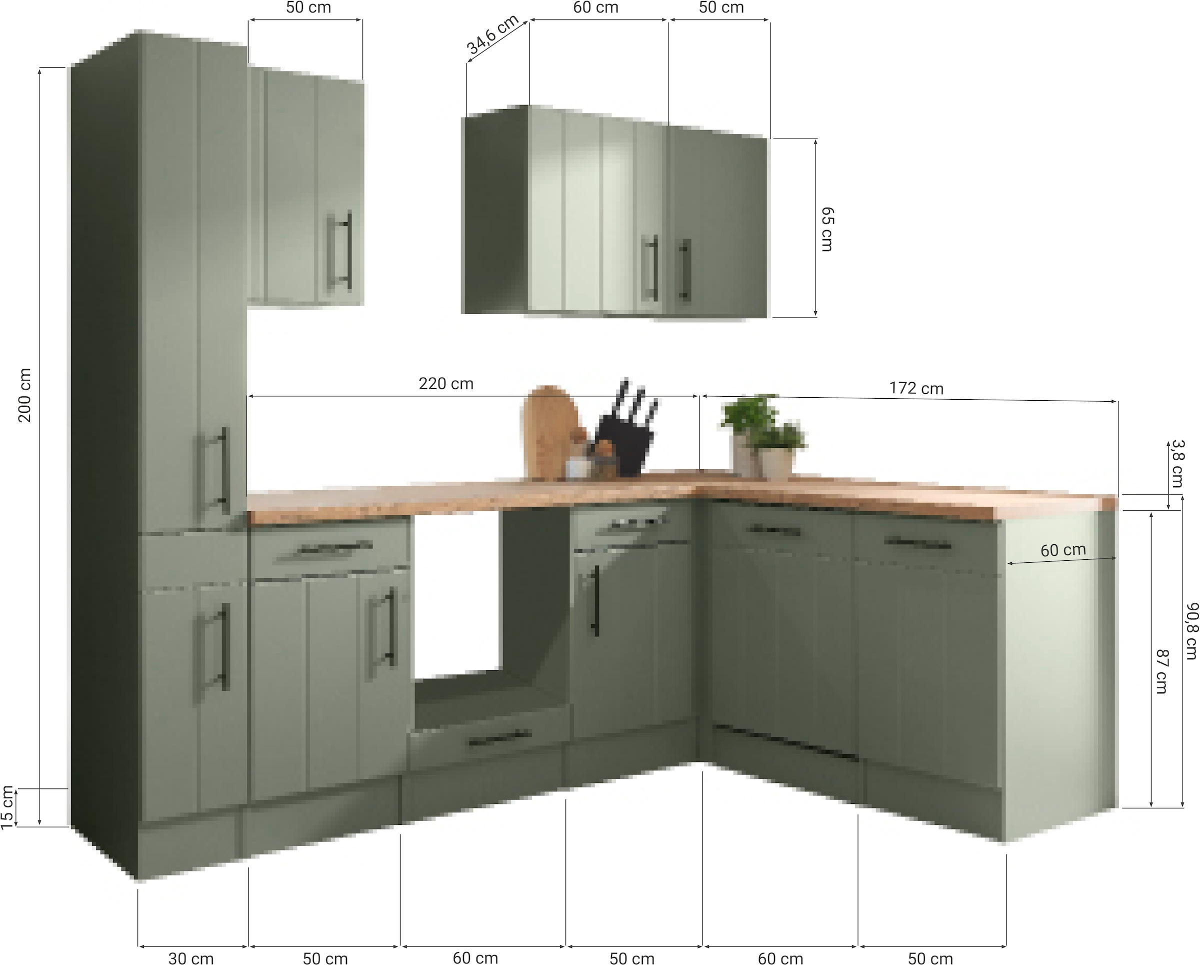 RESPEKTA Winkelküche »Anton« Breite 250 cm, 90 cm Arbeitshöhe, wahlweise mit und ohne E-Geräte