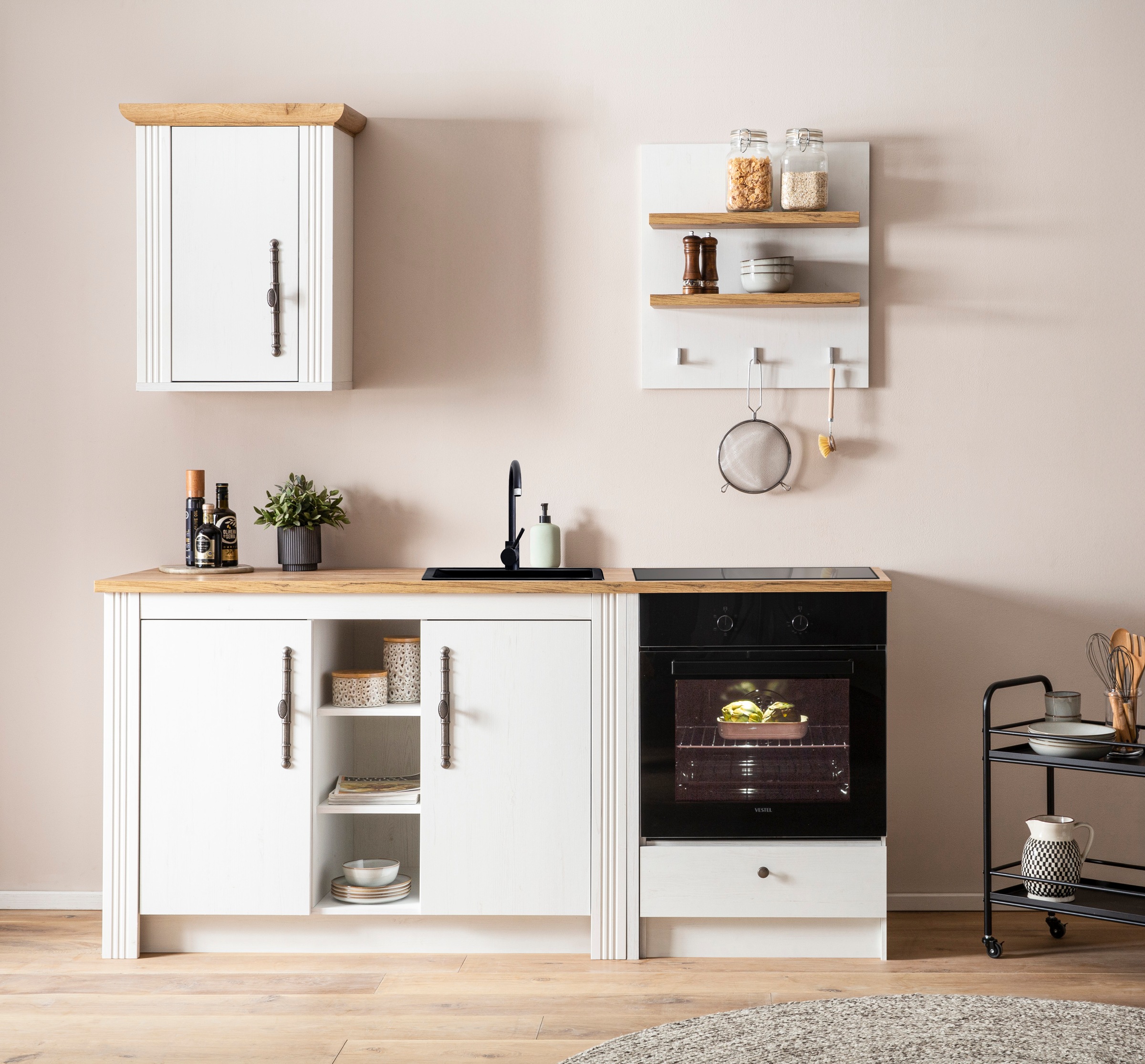 KOCHSTATION Küchenzeile »KS-Westminster, Pantryküche im Landhaus Stil, hochwertige Metallgriffe«, (Set), Breite 194 cm, Kommode, Wandpaneel, Hängeschrank und Herdumbau