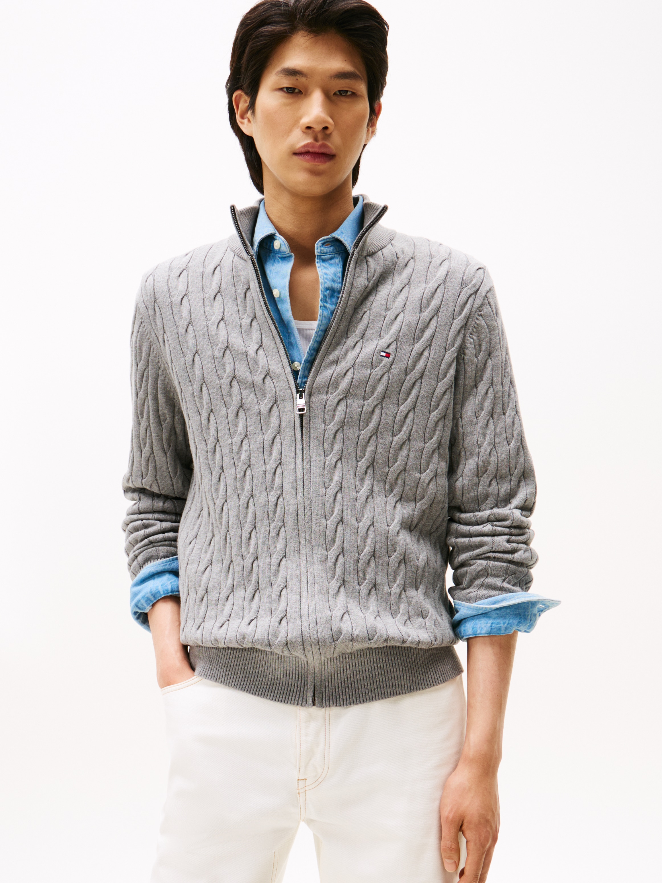 Tommy Hilfiger Strickjacke "CLASSIC COTTON CABLE ZIP THROUGH", mit Rippstri günstig online kaufen