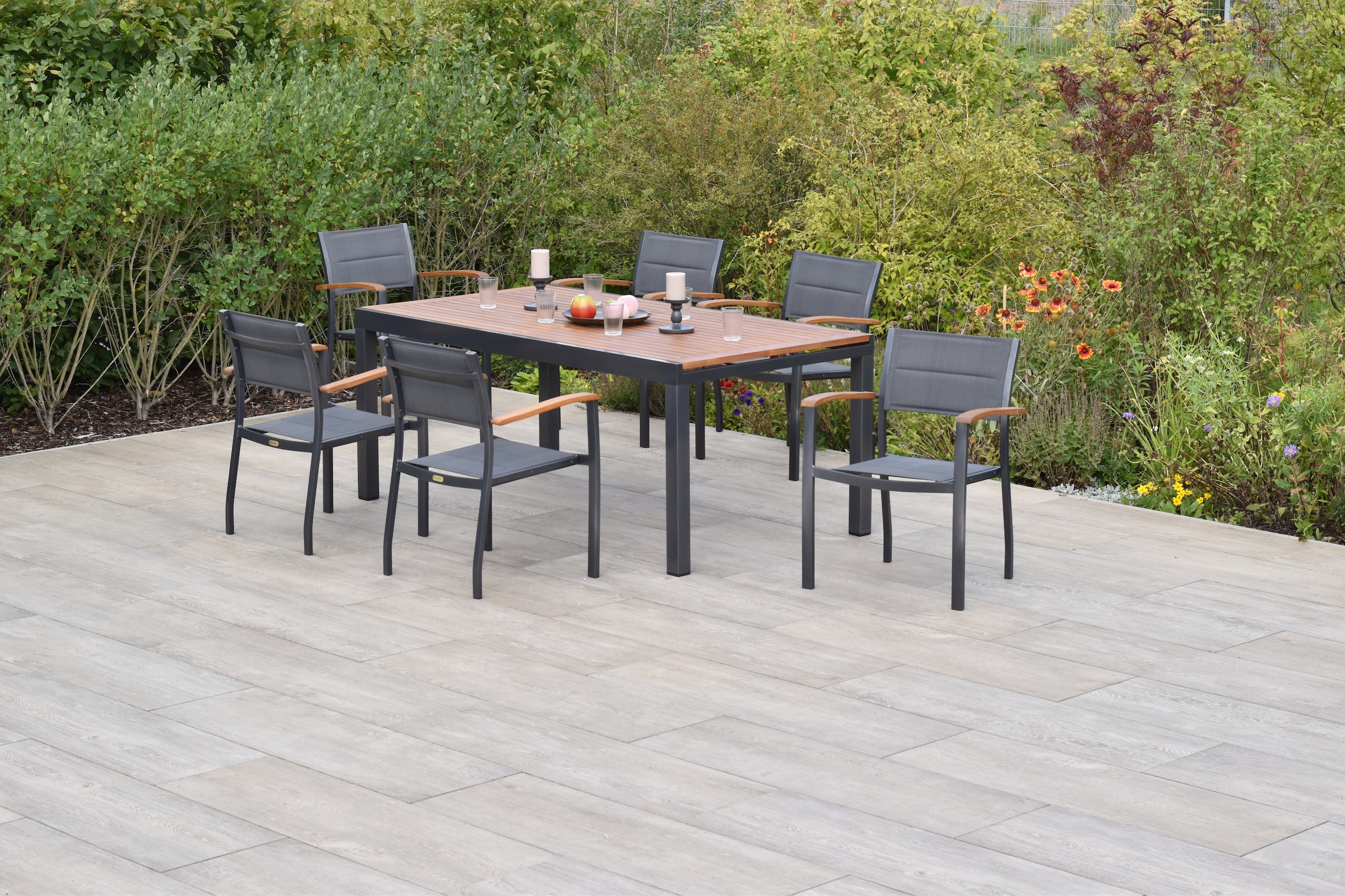 MERXX Garten-Essgruppe »»Paxos««, (Set, 7 tlg., Gepadded, pulverbeschichtetes Aluminiumgestell), Ausziehtisch: LxB: 180-250 x 100 cm