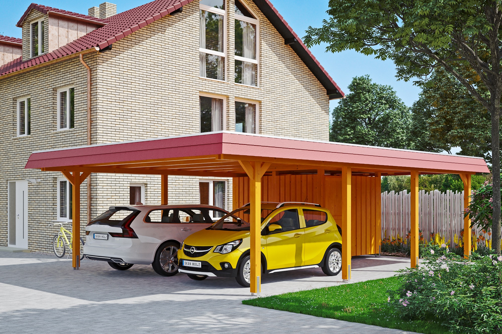 Skanholz Doppelcarport »Wendland«, 550 cm, Eiche hell, mit Abstellraum mit EPDM-Dach, rote Blende