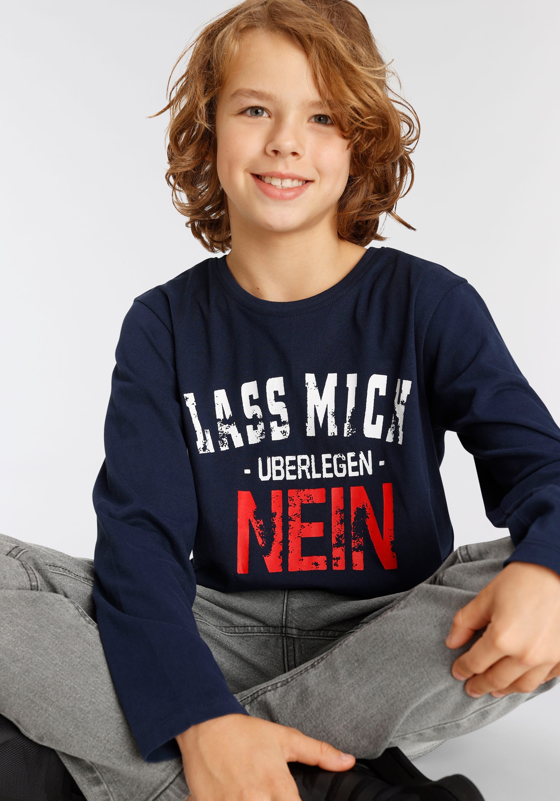 Langarmshirt MICH BAUR »LASS KIDSWORLD | ÜBERLEGEN«, Spruch