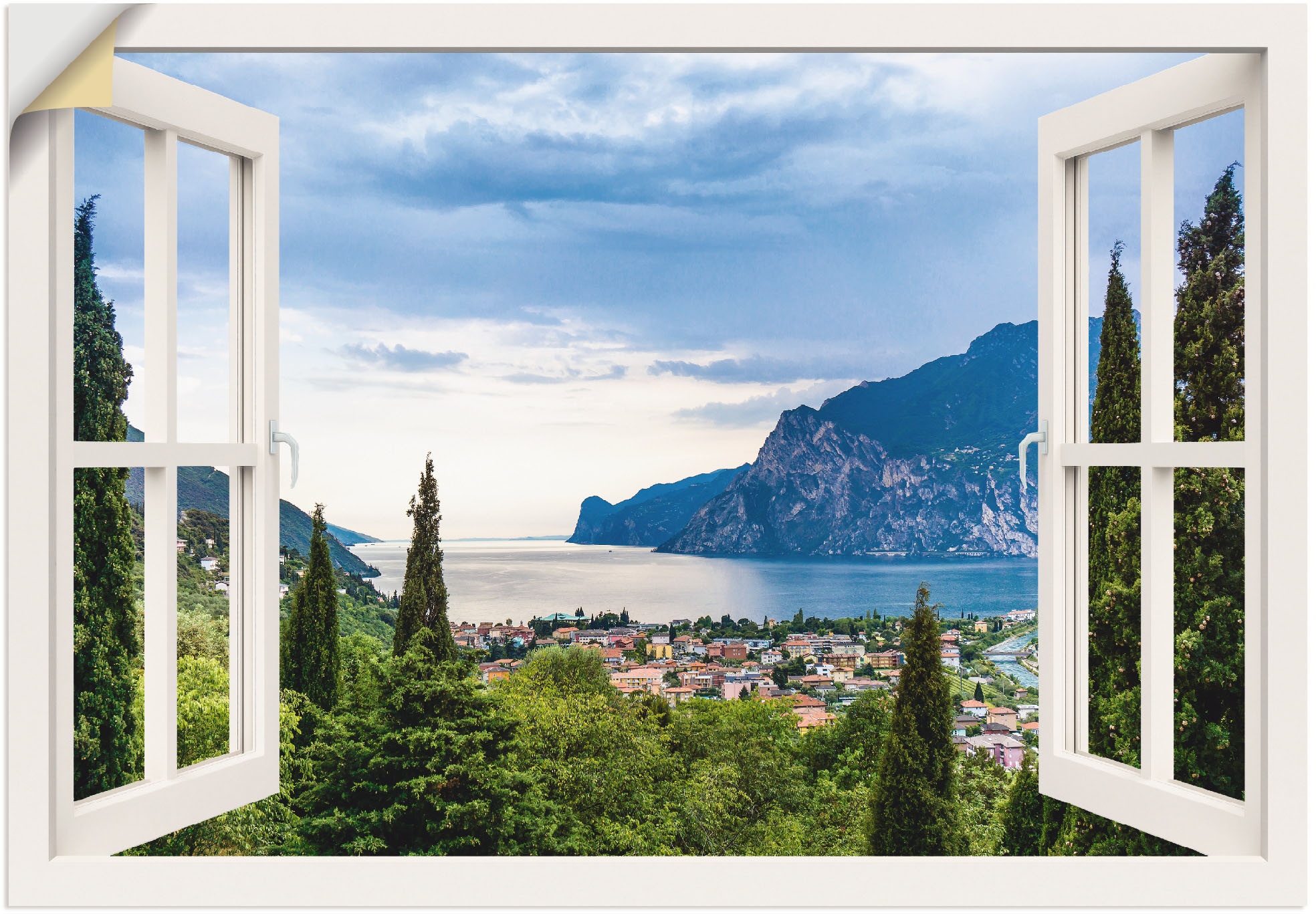 Artland Wandbild "Gardasee durchs weiße Fenster", Seebilder, (1 St.), als Alubild, Outdoorbild, Leinwandbild, Poster, Wa