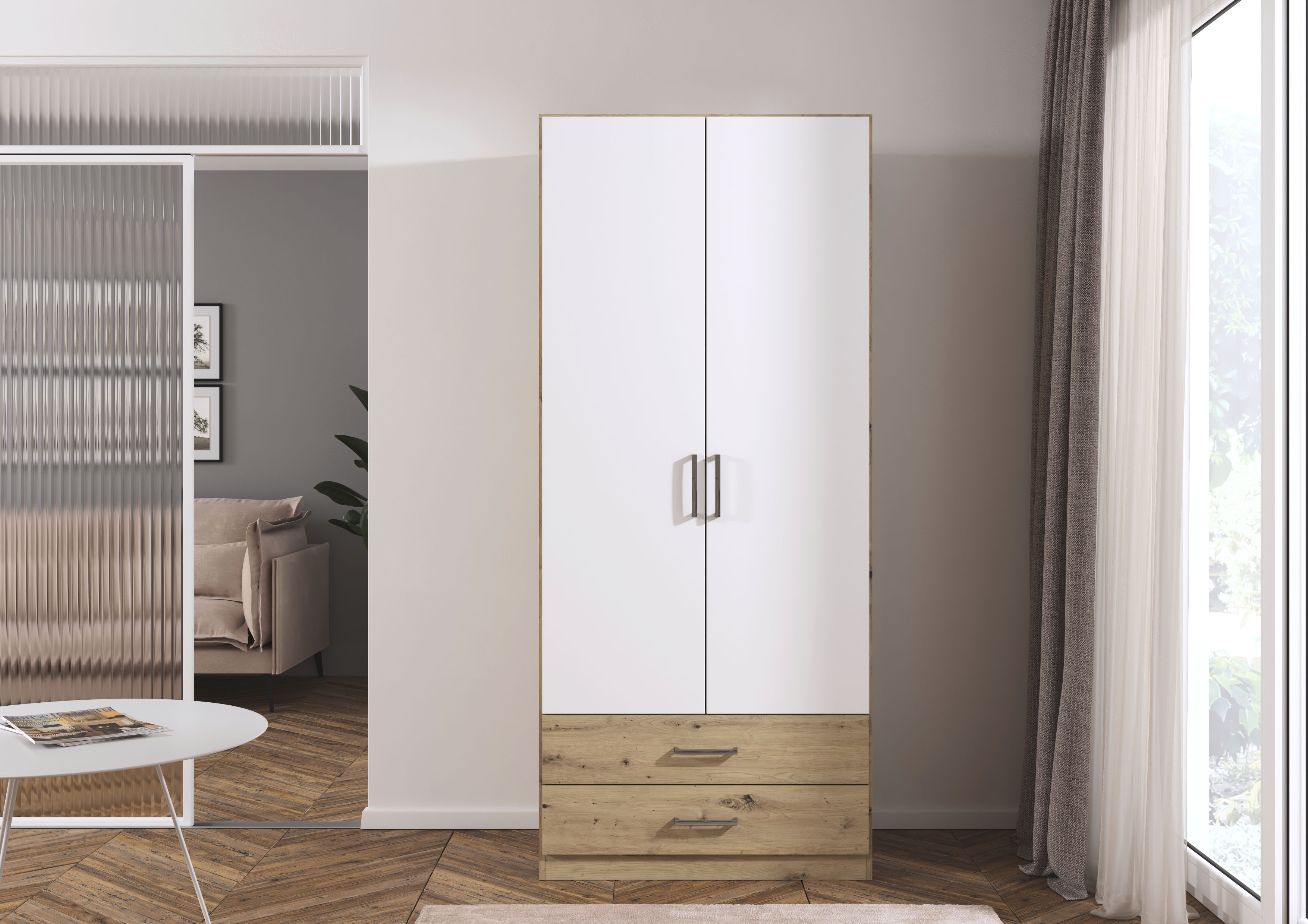 rauch Drehtürenschrank "Kleiderschrank Garderobe GAMMA Breite 91 cm" in 3 Ausstattungen BASIC/CLASSIC/PREMIUM (inkl. SOFT-CLOSE-Funktion), mit Schubladen, verschiedene Griff-Varianten TOPSELLER MADE IN GERMANY