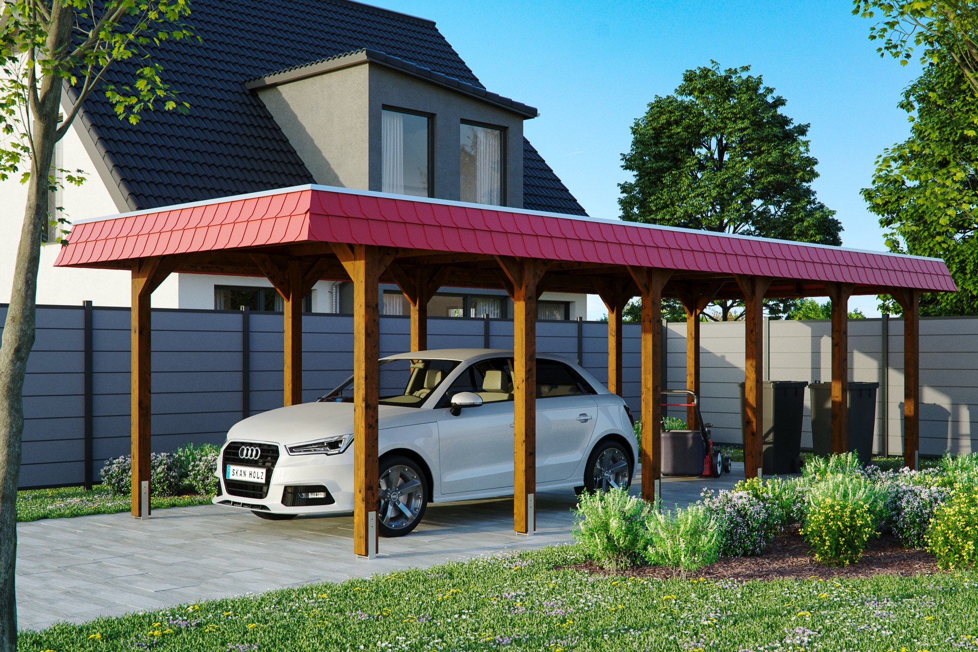 Skanholz Einzelcarport »Spreewald«, Nadelholz, 285 cm, Nussbaum, mit Aluminiumdach, rote Blende