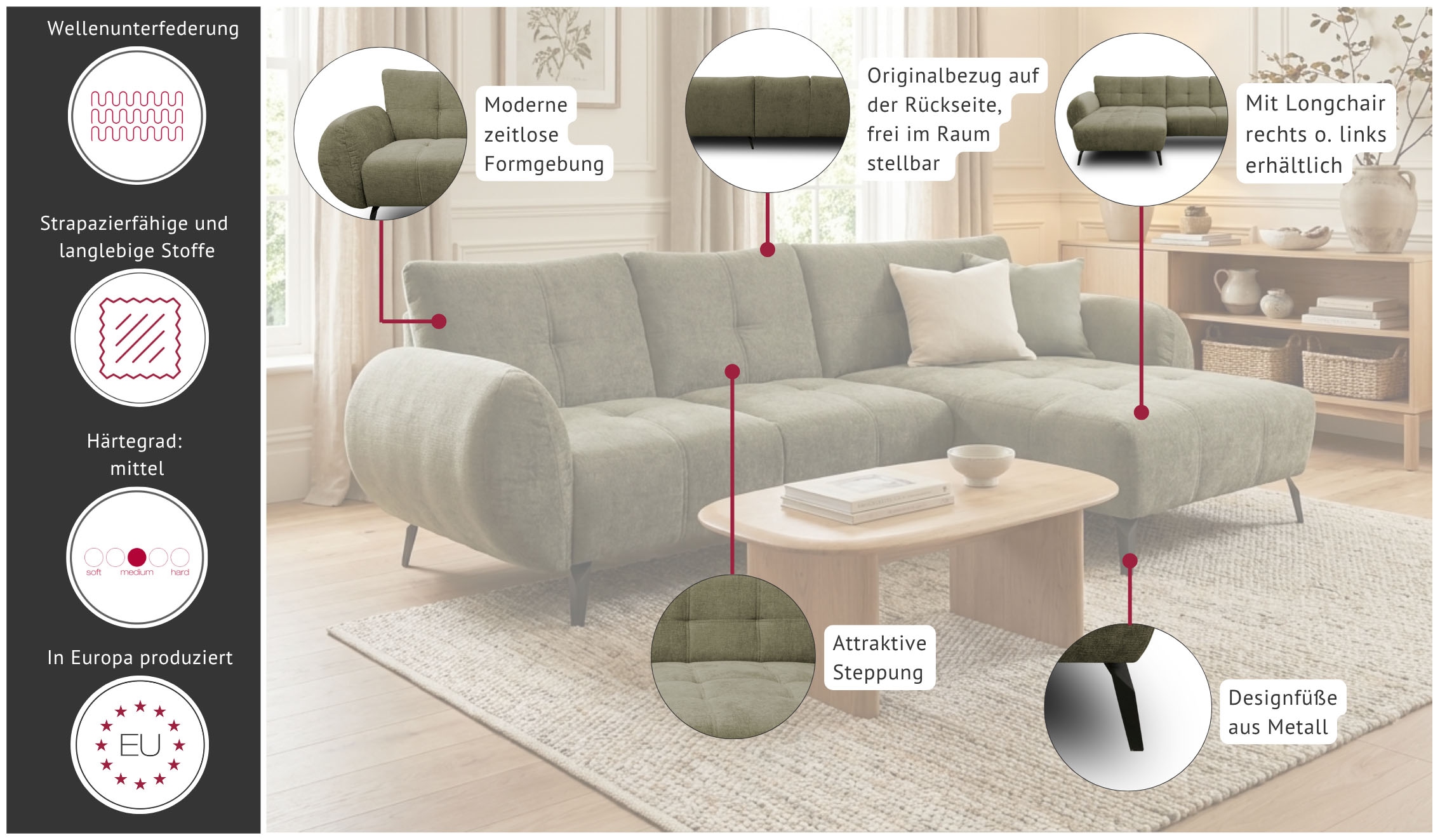 OTTO home Ecksofa »Viiborg 261 x 140 cm, mit Steppungen, elegant, modern« L-Form, pflegeleichter Bezug, hohe Füße - passend für Saugroboter!