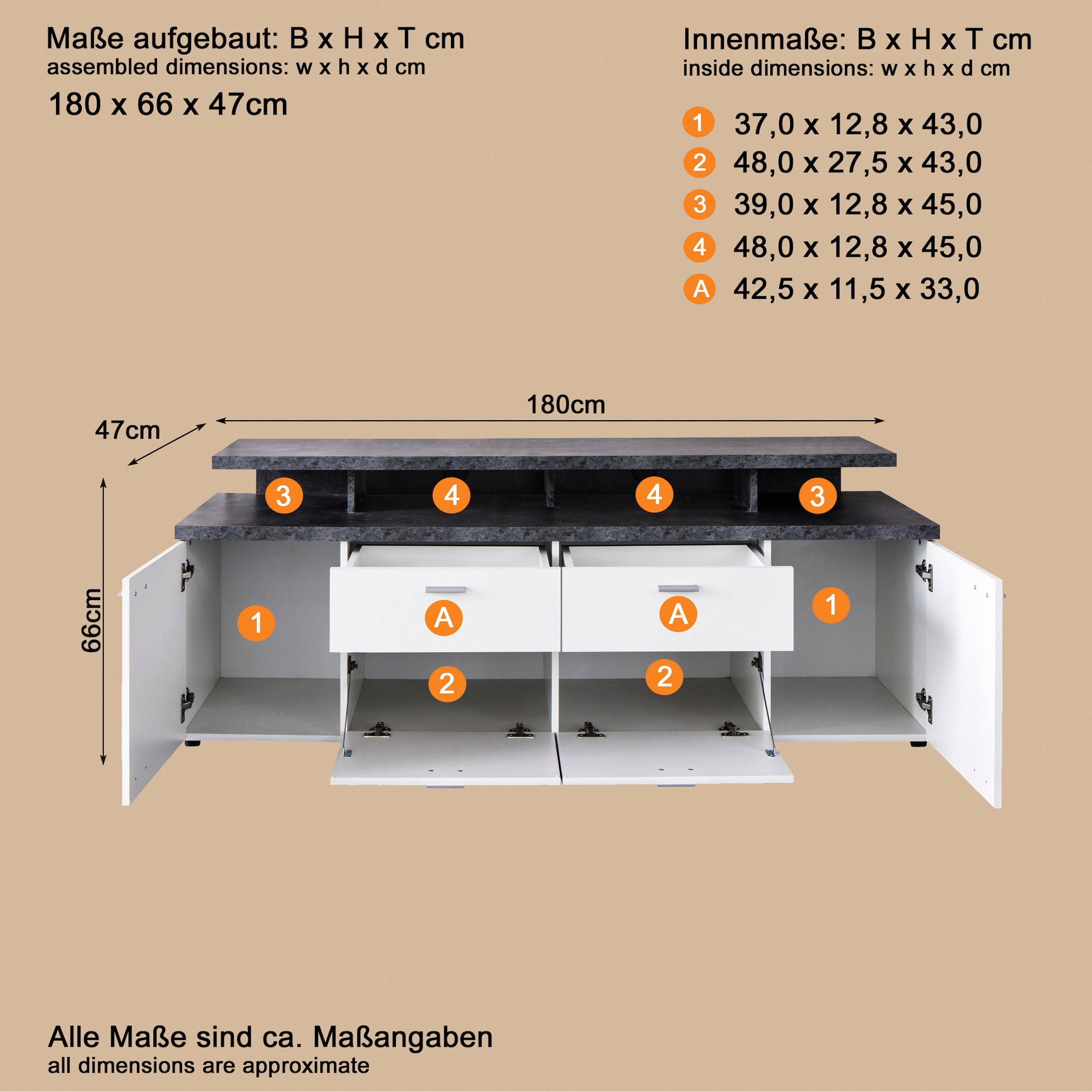 INOSIGN TV-Board »Messina«, (1 St.), TV-Lowboard mit Türen, Schubladen & Fächern - (B/T/H) 180/47/66 cm