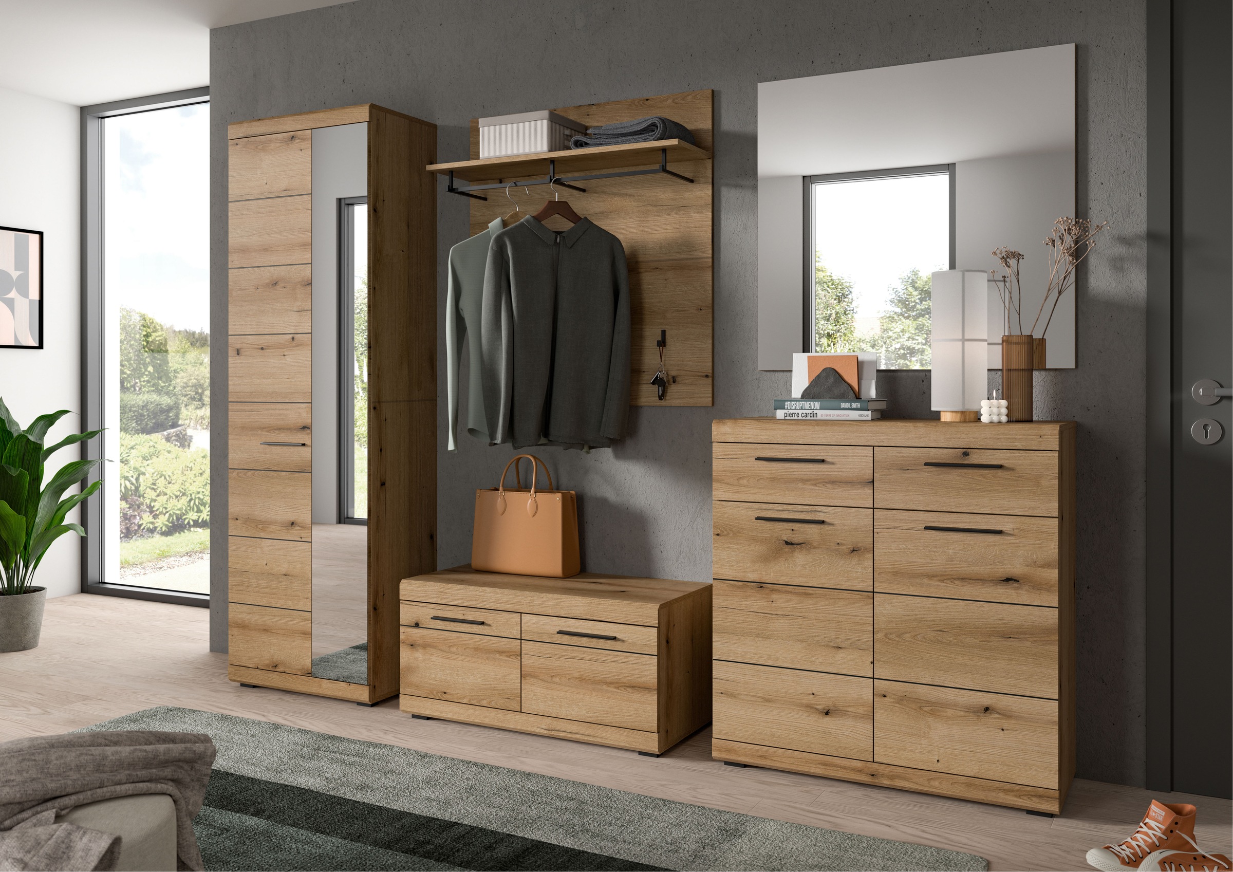 INOSIGN Garderobenschrank »Siena, Höhe 197cm, 2 Türen, 4 Einlegeböden, ausziehbare Kleiderstange«, (1 St.), Scout, Garderobenschrank Höhe 197 cm, 1 Spiegeltür, 6 Fächer