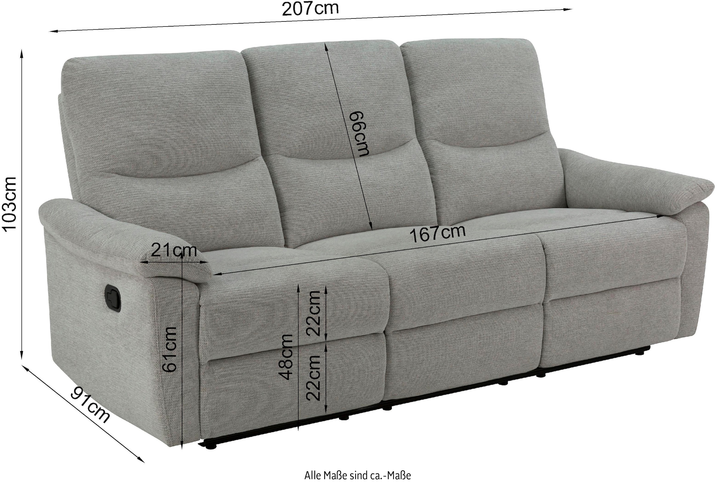Home affaire 3-Sitzer »ODILON manuelle und elektrische Relaxfunktion in 2 Sitzen, Federkern,«, 105°-150° Relax- und Liegeposition, Federkernpolsterung