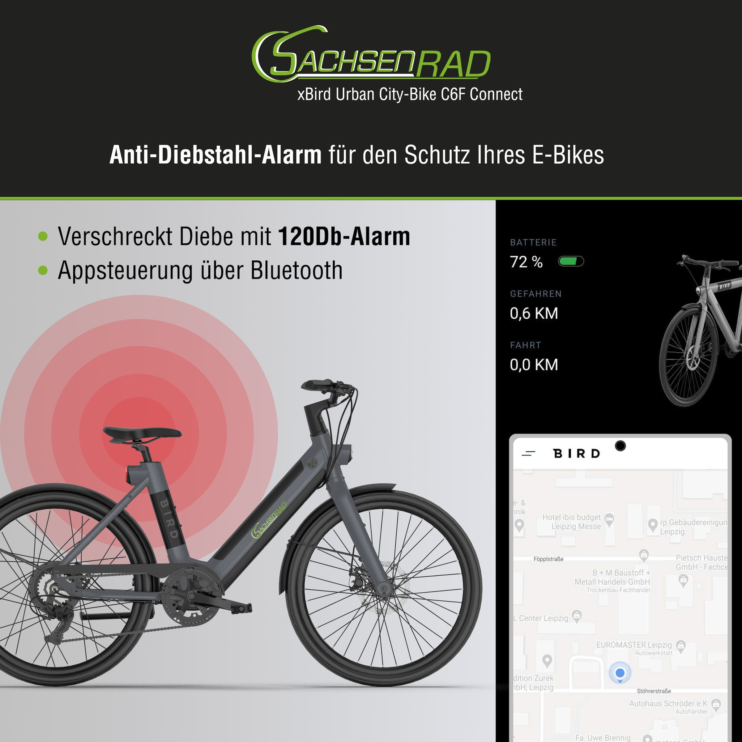 SachsenRad »SachsenRAD xBird Urban E-City-Bike C6F Connect« 7 Gang Shimano Kettenschaltung Heckmotor 250 W