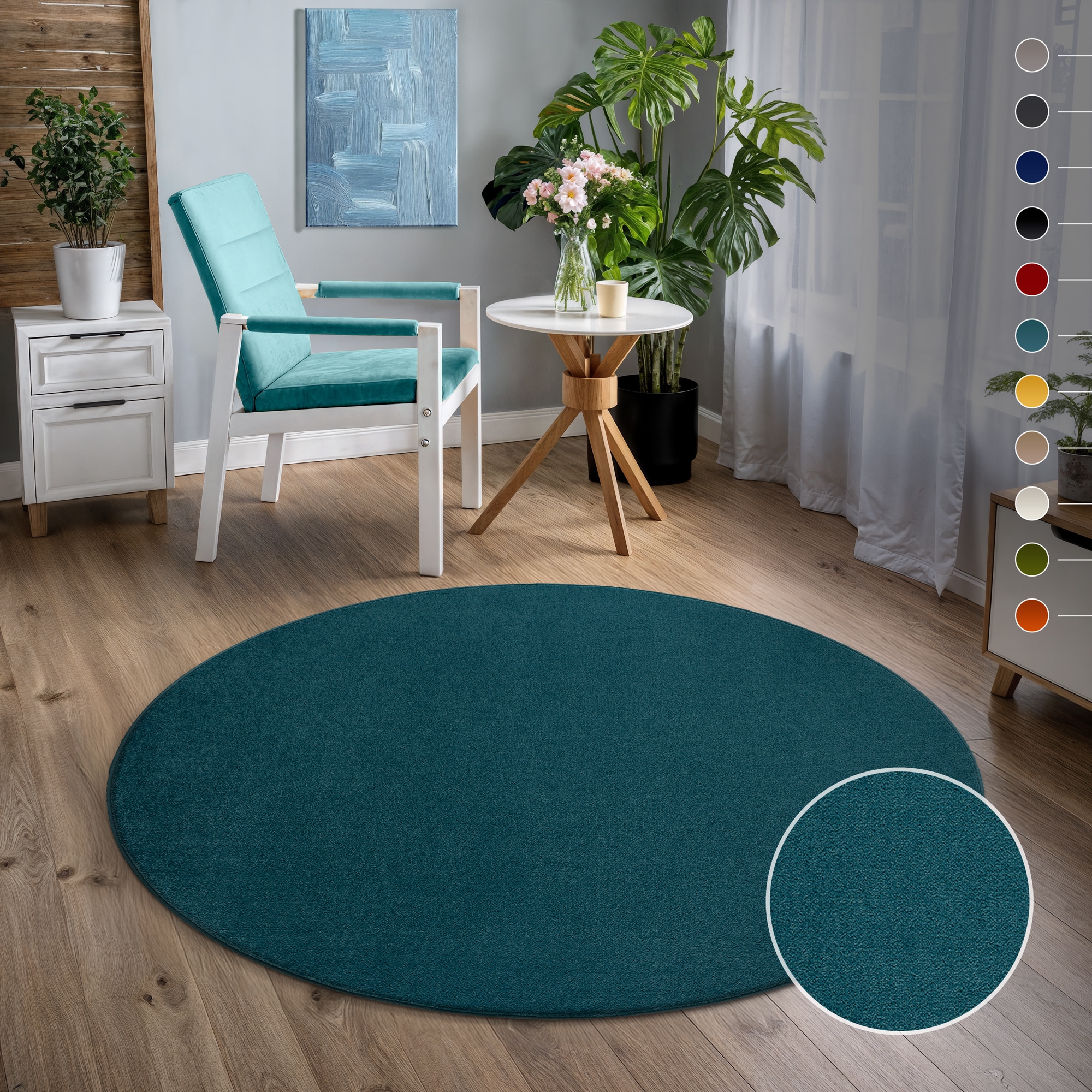 Sanat Teppich "UNI, auch als Läufer und Rund" rund 13 mm Höhe robuster Kurzflorteppich, große Farbauswahl, Wohnzimmer, alle Räume