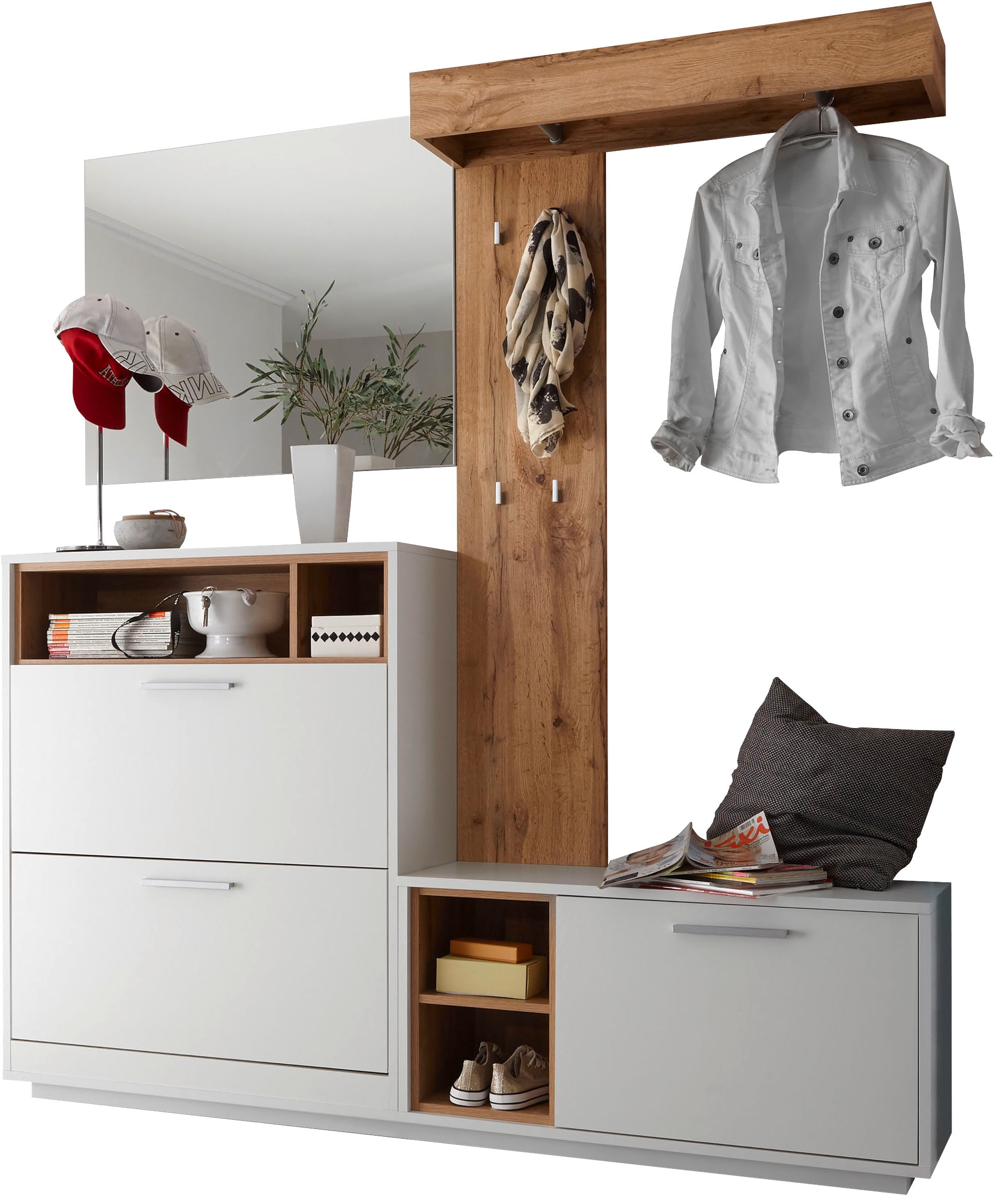 HBZ Kompaktgarderobe »Milano mit Spiegel, BxHxT 177x195x32 cm«, (1 St.), Mit Schuhkommode, Paneel, Bank und Spiegel