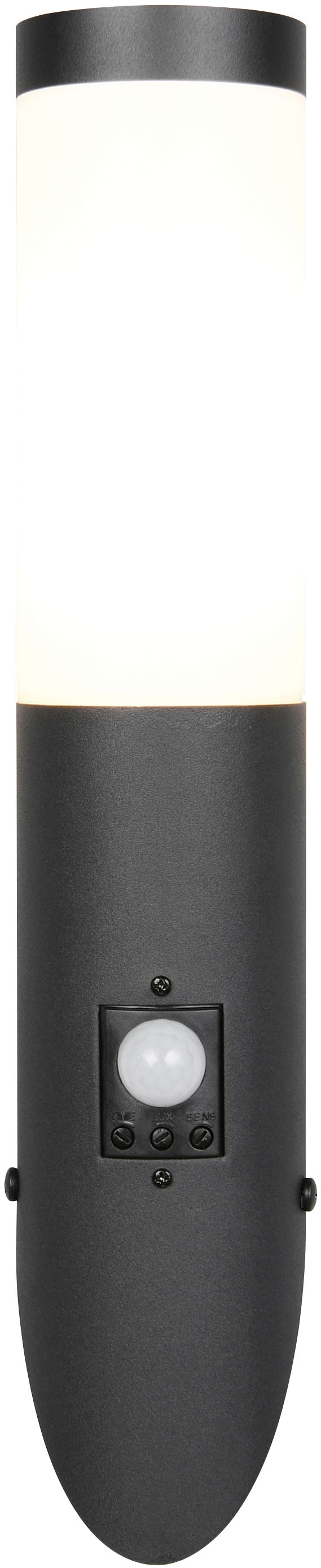 TRIO Leuchten Außen-Wandleuchte »TRIOTO, Outdoor Wandlampe Edelstahl, Wandfackel exkl 1x E27 max 25W«, 1 flammig, Leuchtmittel E27 | Leuchtmittel wechselbar, röhrenförmige Hauswand Beleuchtung, Bewegungsmelder, IP44 39cm hoch