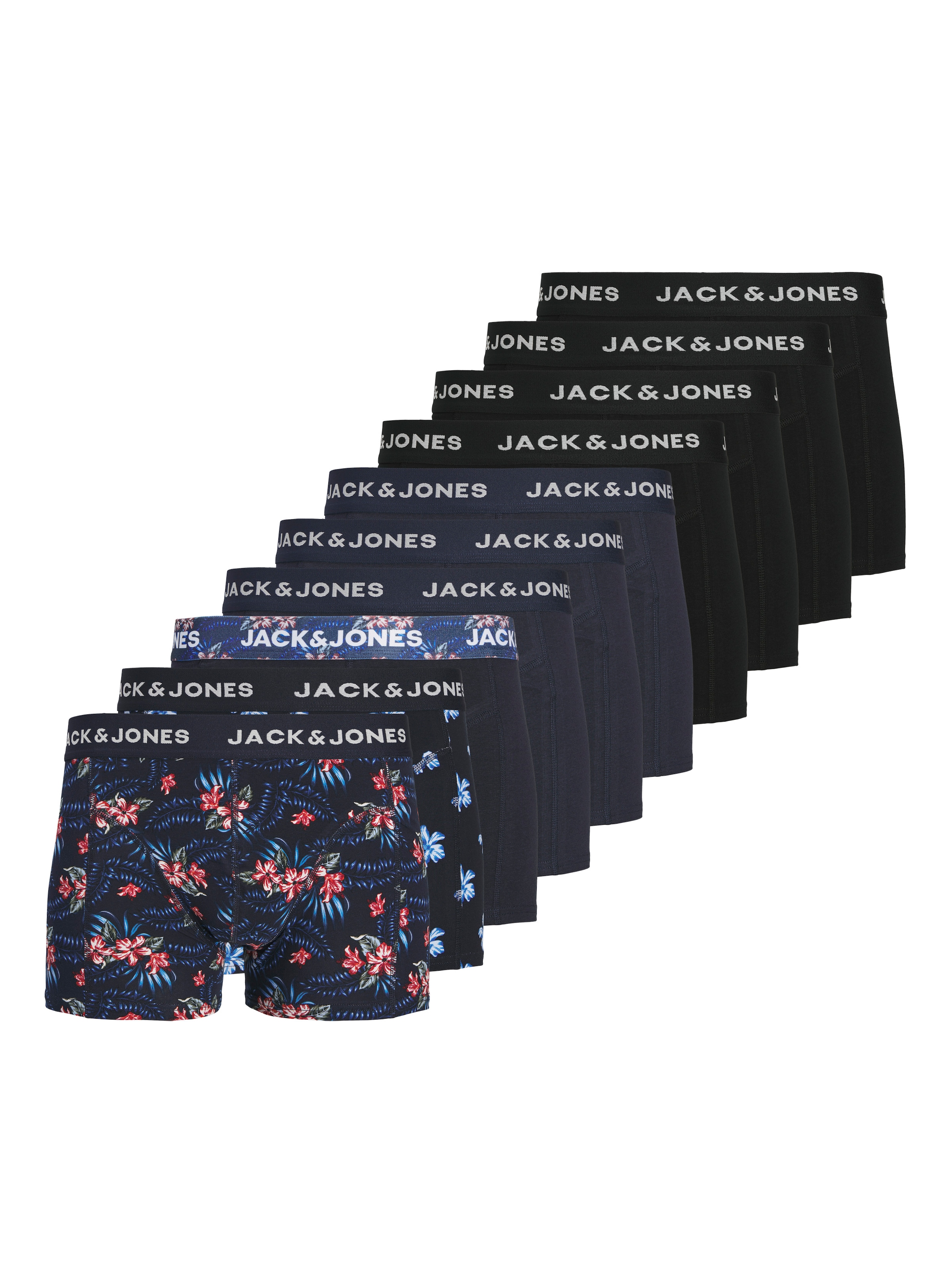 JACK & JONES Herren Trunk "JACLAMINE FLOWER TRUNKS 10 PACK", Gr. XXL, bunt, Jersey, Obermaterial: 95% Baumwolle, 5% Elasthan, unifarben, Unterhosen,