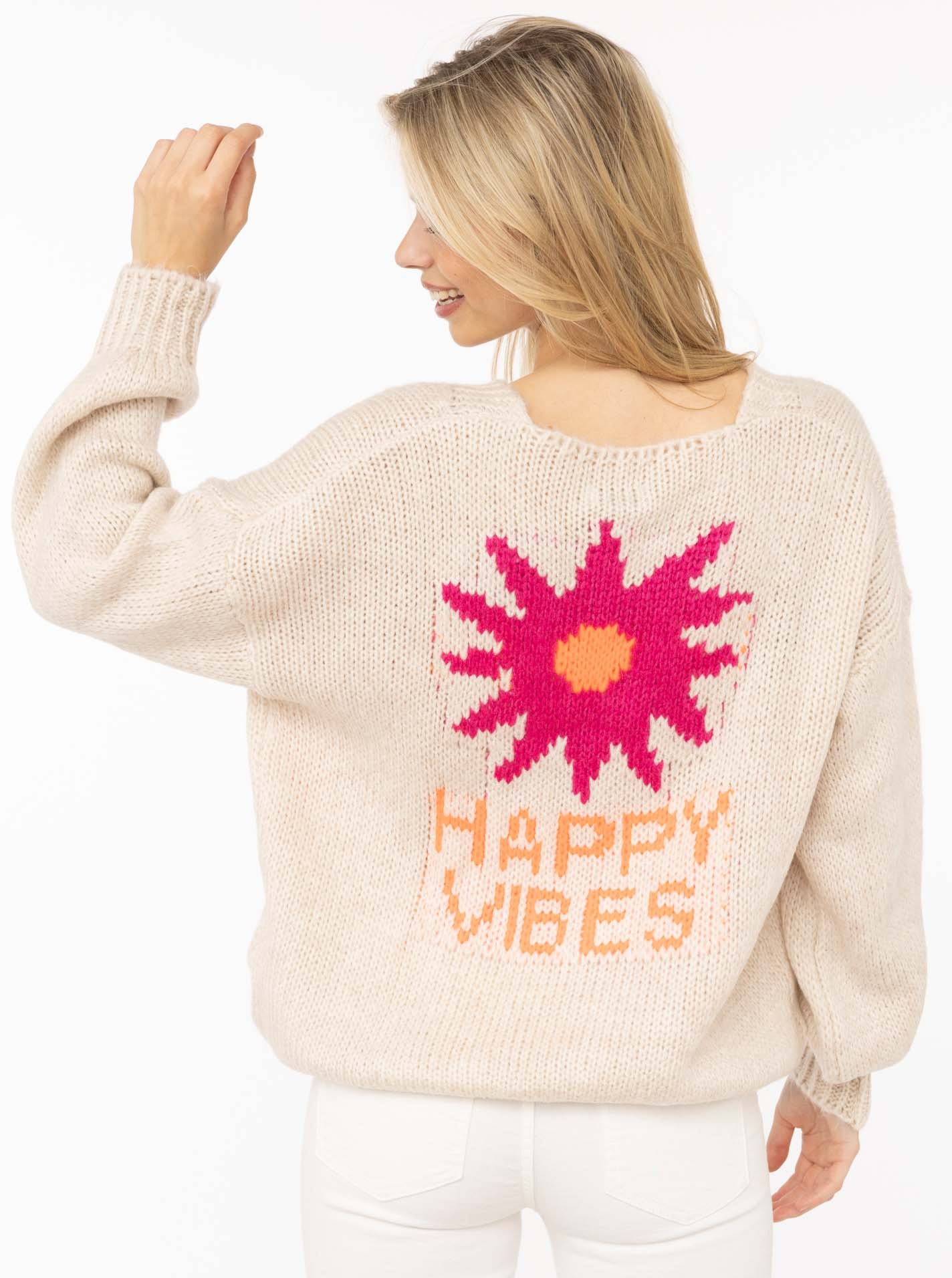 Zwillingsherz Cardigan »"Happy Vibes"« Knopfleiste, großes Motiv mit Blume und Schrift hinten, One Size