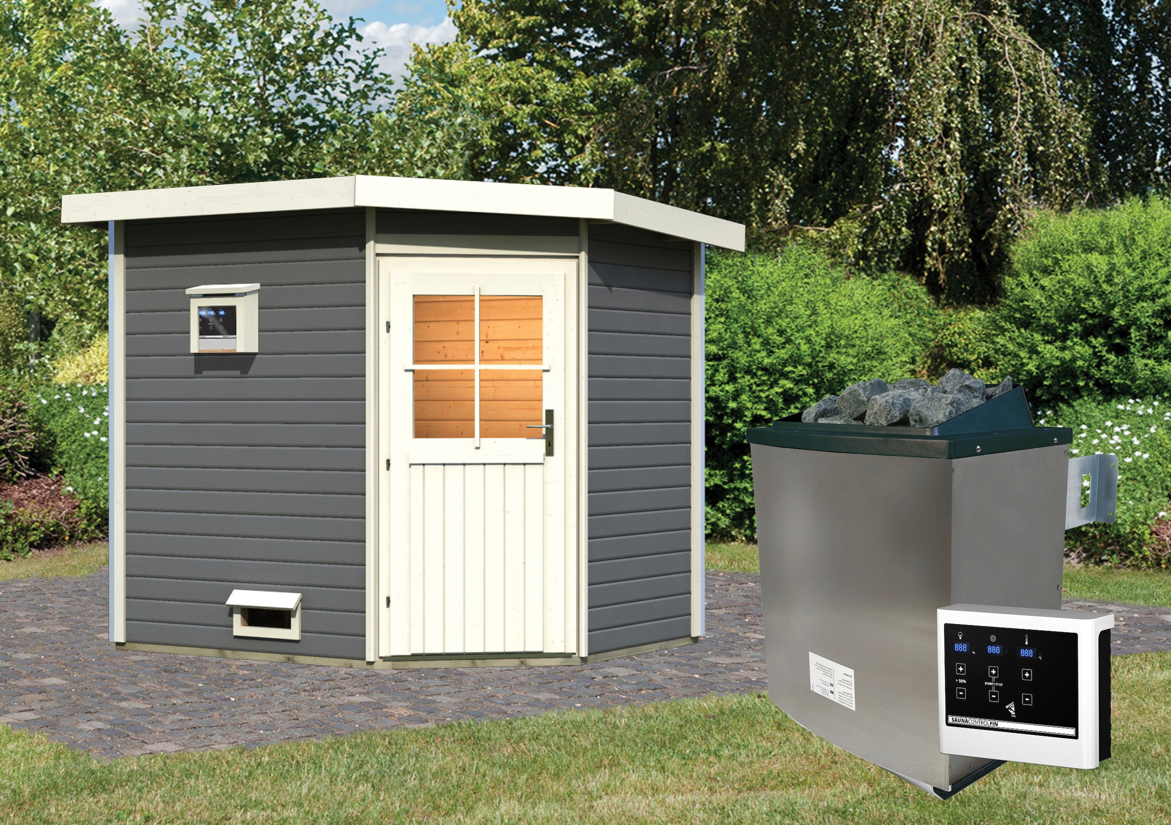 Karibu Saunahaus »Tore«, klassiche Tür, Ofen 9 KW externe Strg Easy