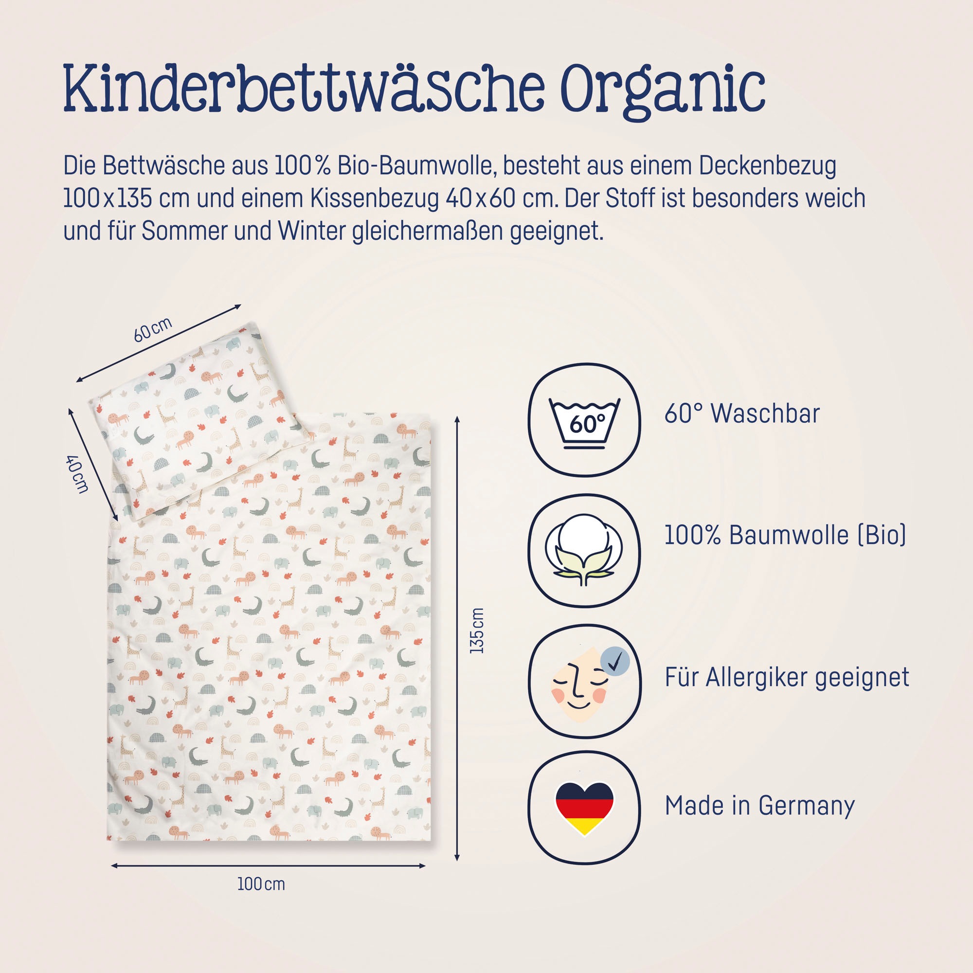 Julius Zöllner Kinderbettwäsche »Baby- und Kinderbettwäsche aus 100% Bio-Baumwolle«, erhältlich in den Größen 80x80+35x40cm und 100x135+40x60cm